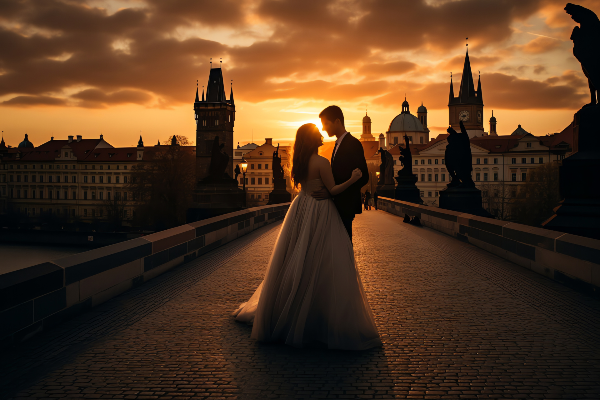 Anniversary journey, Romantic couple, Prague landmarks, Medieval bridge, Statuary art, HD Desktop Image