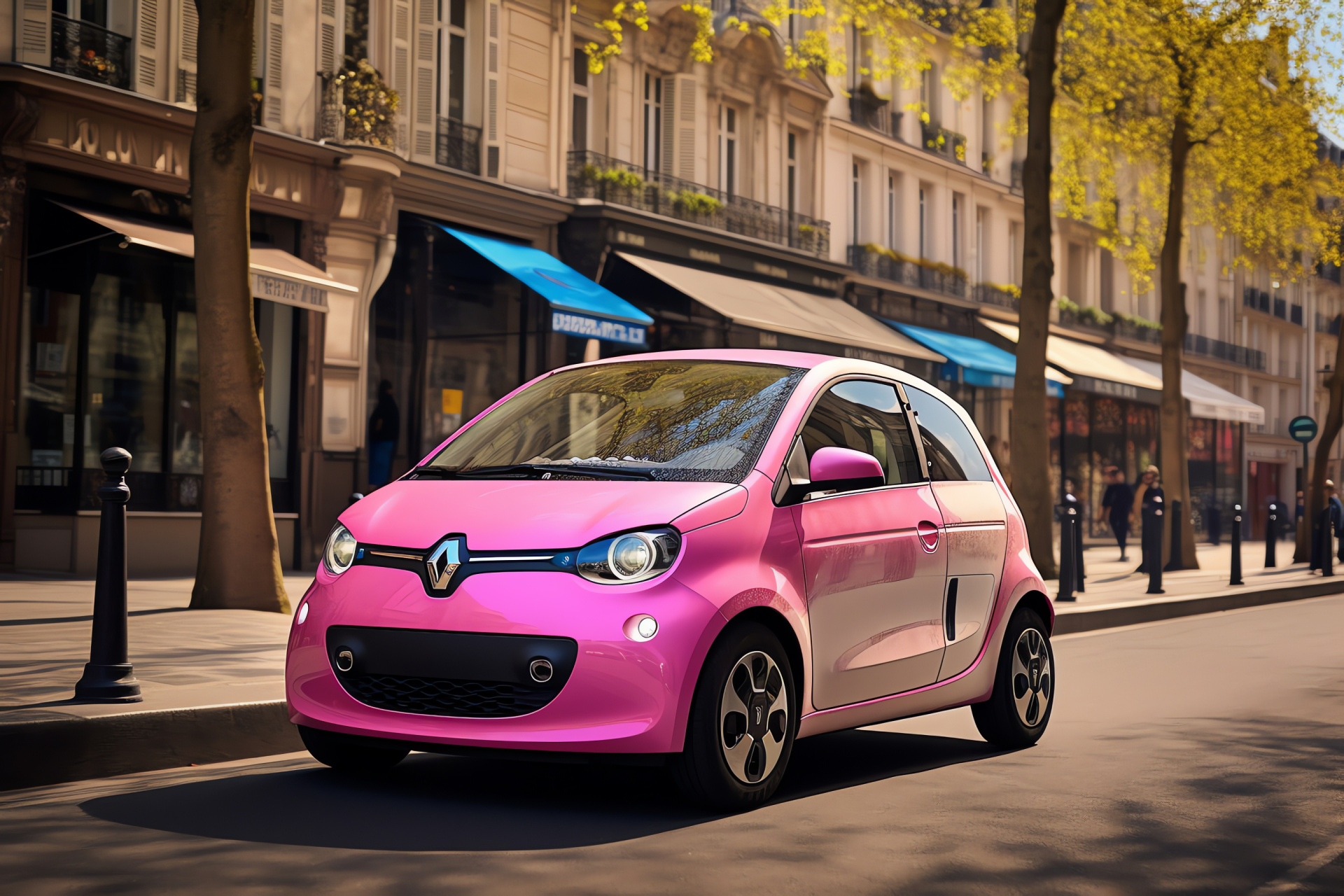 Pink Renault Twingo, Parisian streets, French compact car, Iconic landmarks, French capital, HD Desktop Wallpaper