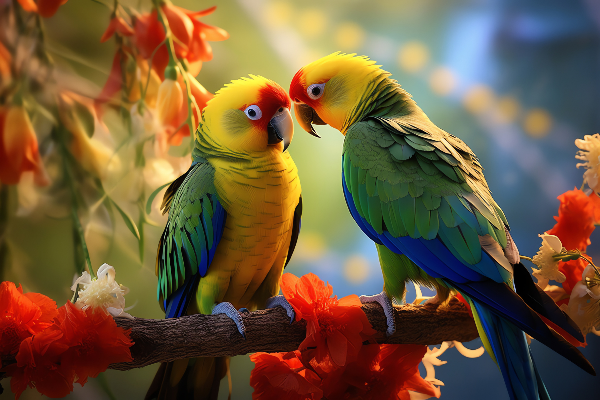 Tropical parakeets, Avian community, Sunlit aviary, Colorful feathers, Ornithological marvel, HD Desktop Wallpaper