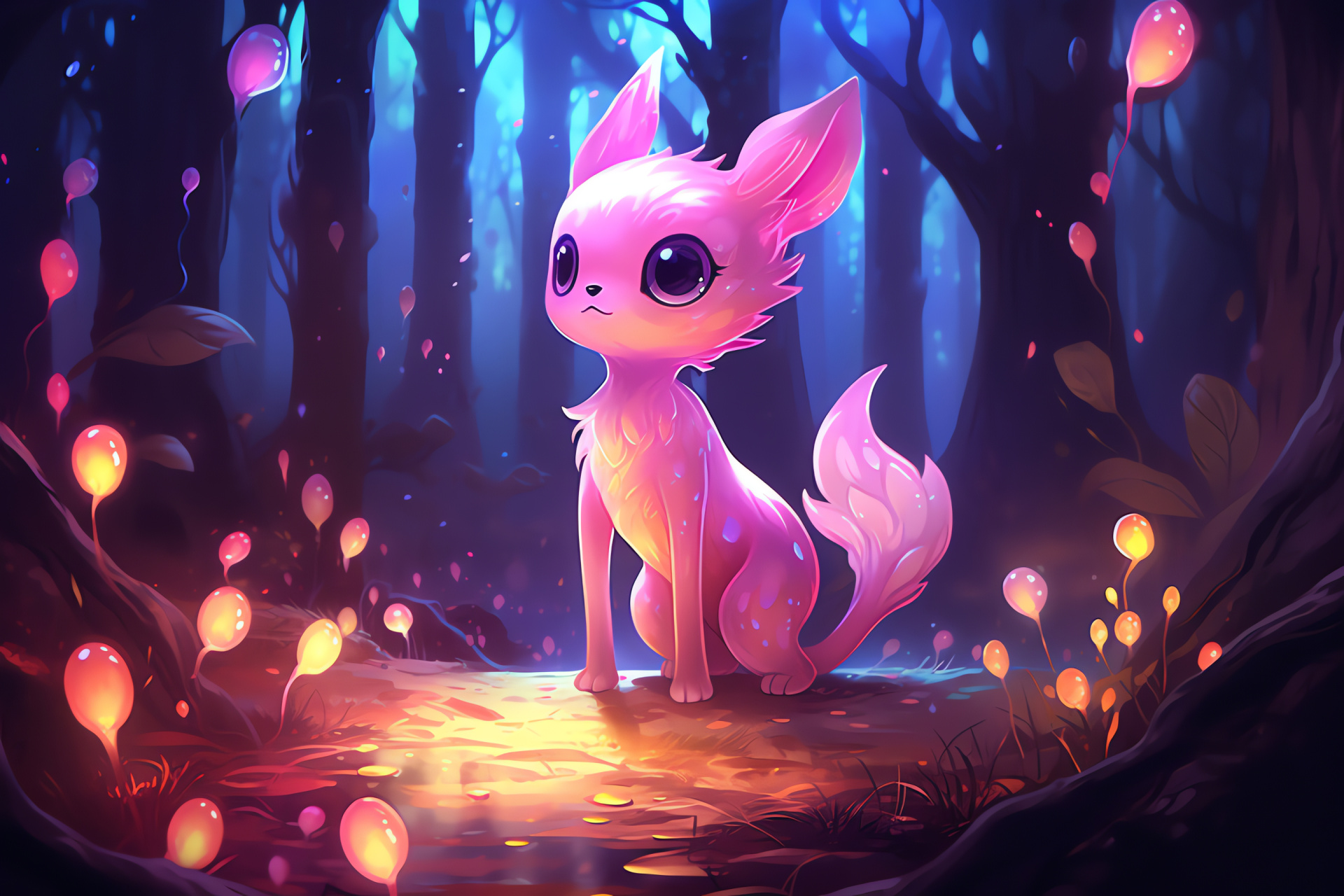 Mew appearance, Psychic-type creature, Legendary Pokemon status, tranquil forest habitat, soft moonlit ambiance, HD Desktop Wallpaper