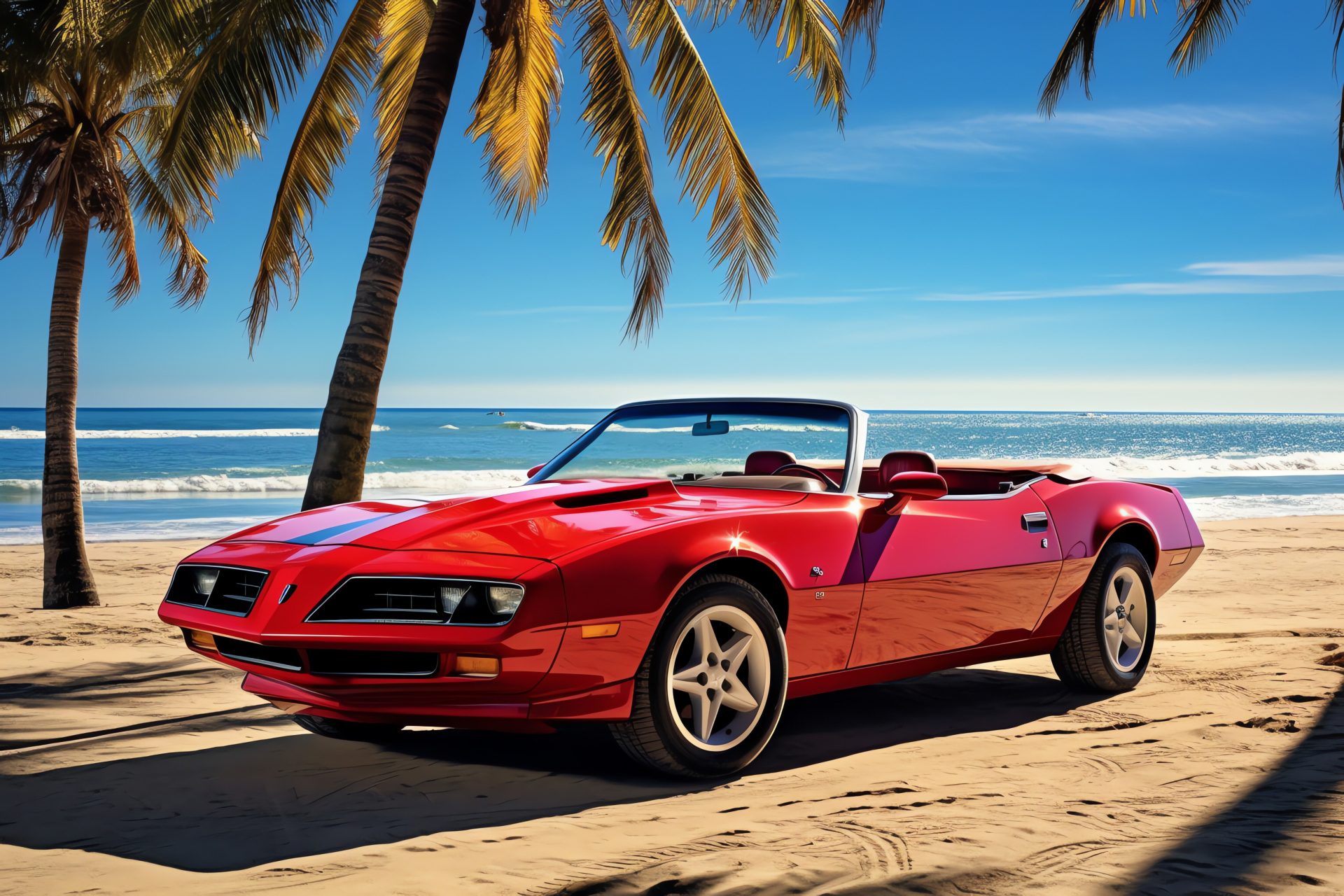 Red Pontiac Firebird Esprit, Beachside cruise, Laid-back beach vibe, Coastal roads, Sunny day drive, HD Desktop Image