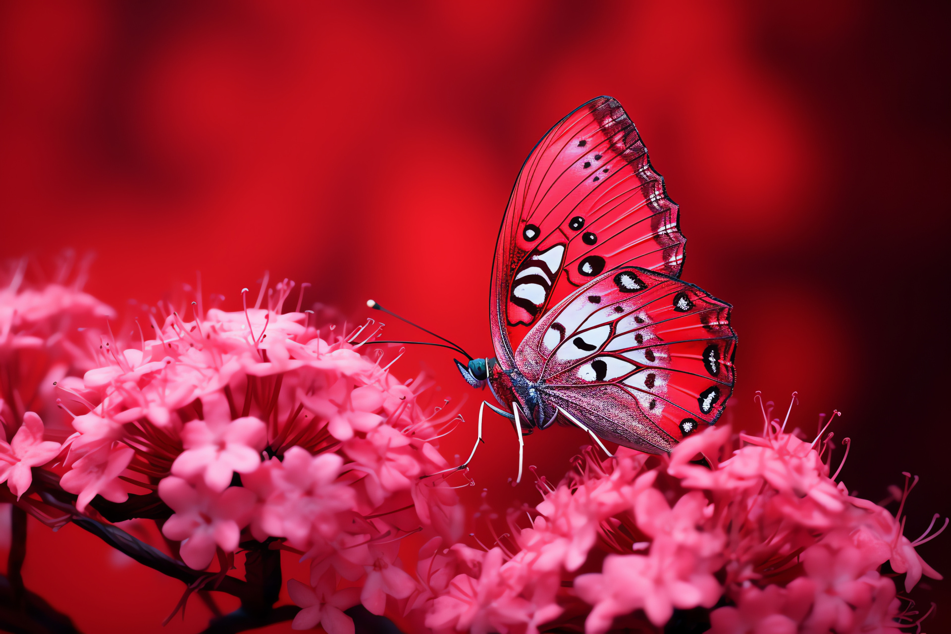 Pink Butterfly insect, natural perch, vibrantly hued wings, red scenic space, nature's elegance, HD Desktop Image