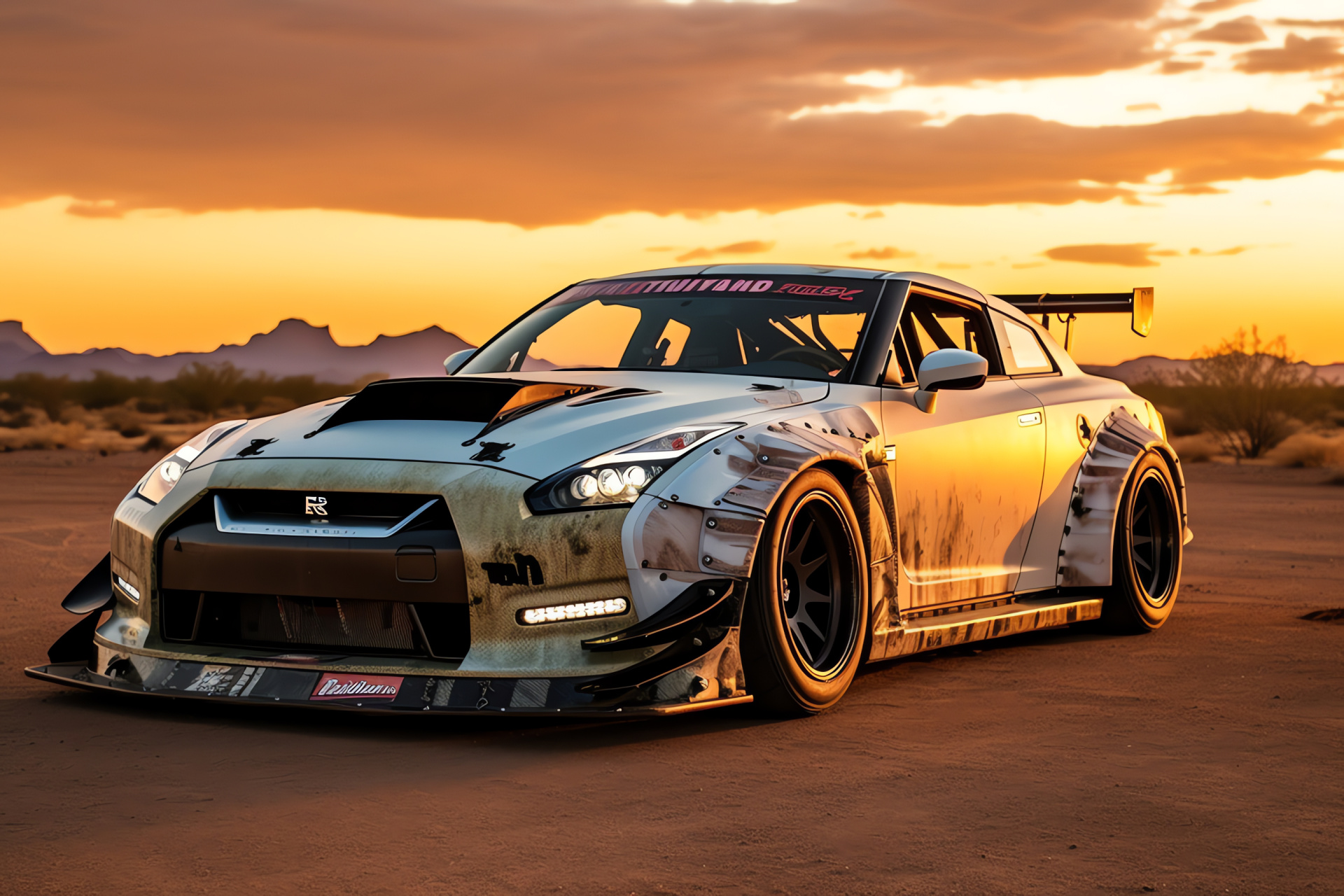 Nissan GTR Liberty Walk Route 66, American road trip icon, Customized wide chassis, Sunset driving experience, Classic diner stops, HD Desktop Image