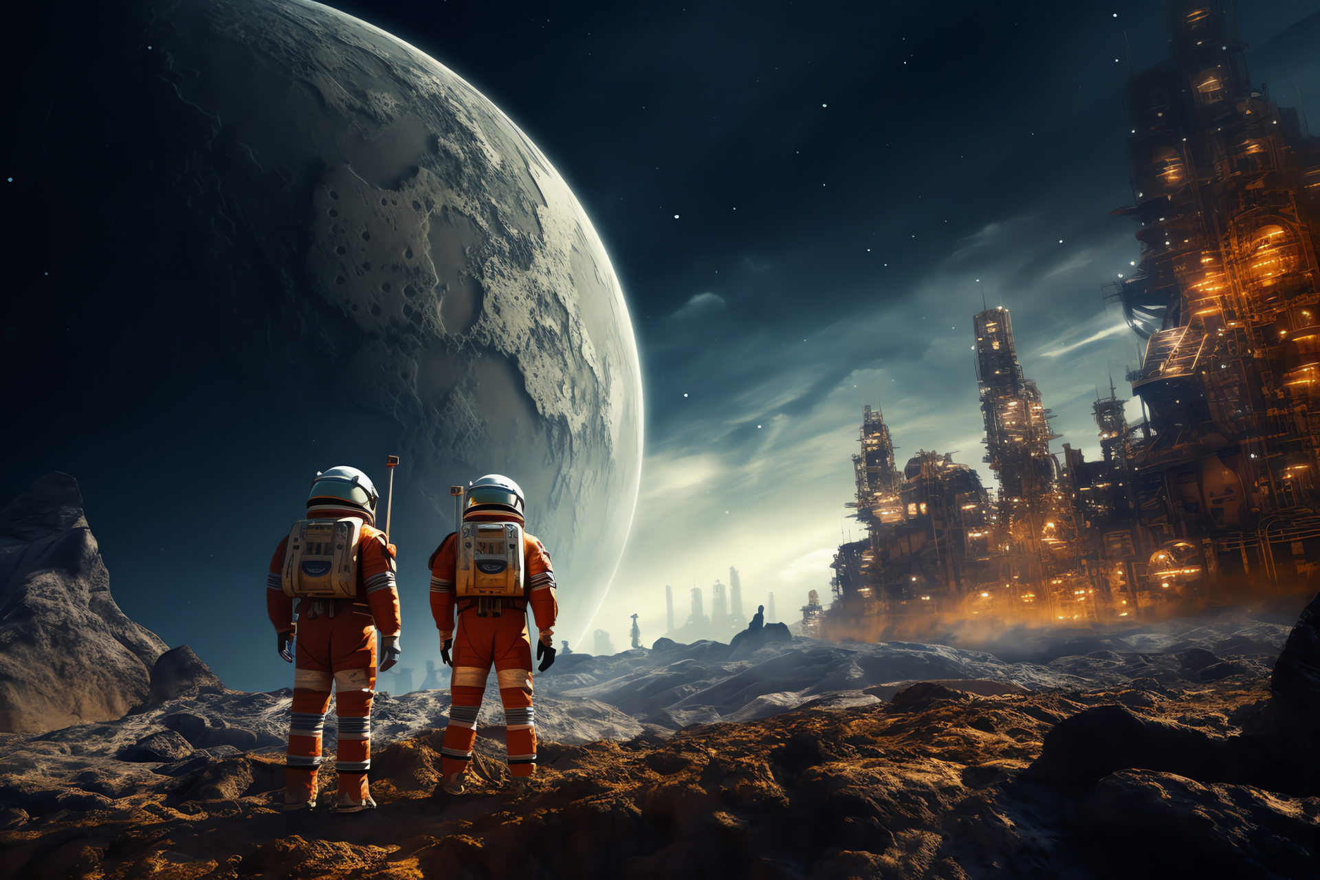 Extra-terrestrial exploration, Moon surface venture, Space suit clad team, Lunar mission, Cratered expanse, HD Desktop Image