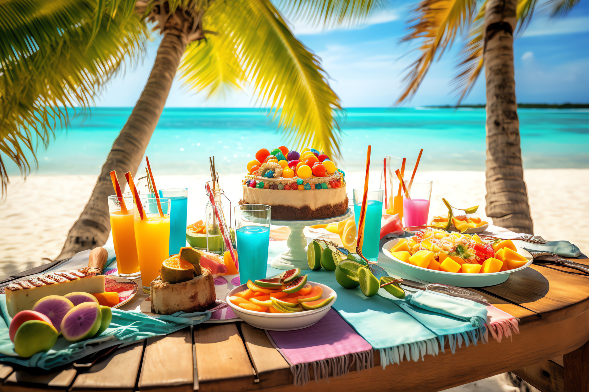 Festive Birthday ambiance, Coastal beach celebration, Oceanic blue water, Tropical island palms, Seaside relaxation, HD Desktop Wallpaper