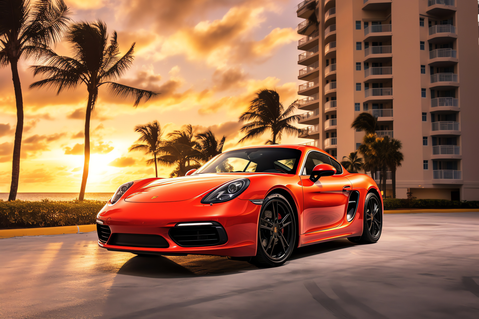 Miami Porsche GTS 718 view, Orange vehicle on coast, Highway hotel skyline, Palm silhouette, Luxe tourist spot, HD Desktop Image