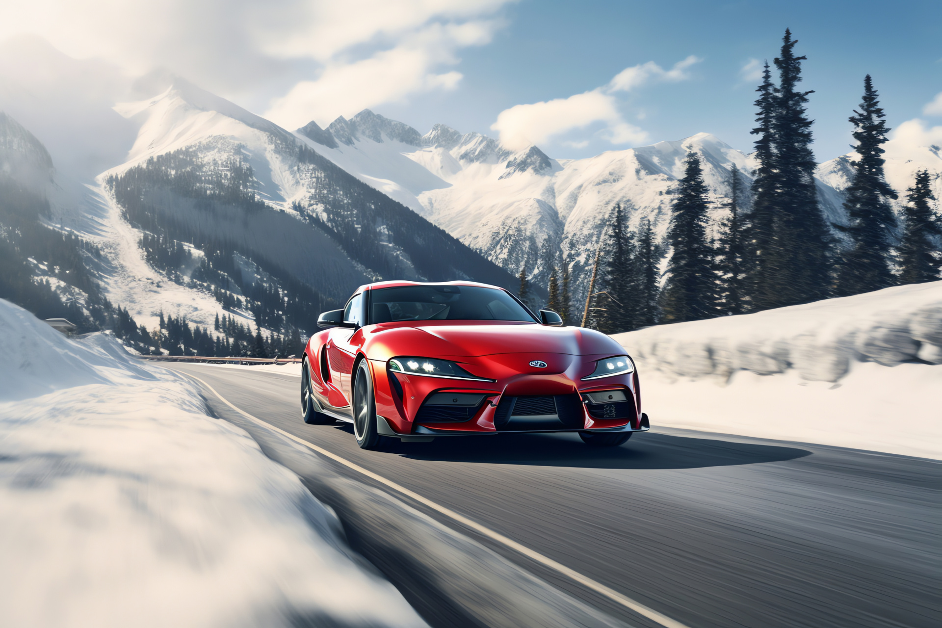 Toyota Supra GR A90 GT4, Mountainous terrain, Snow-capped driving scene, Winding road adventure, Alpine environment, HD Desktop Wallpaper