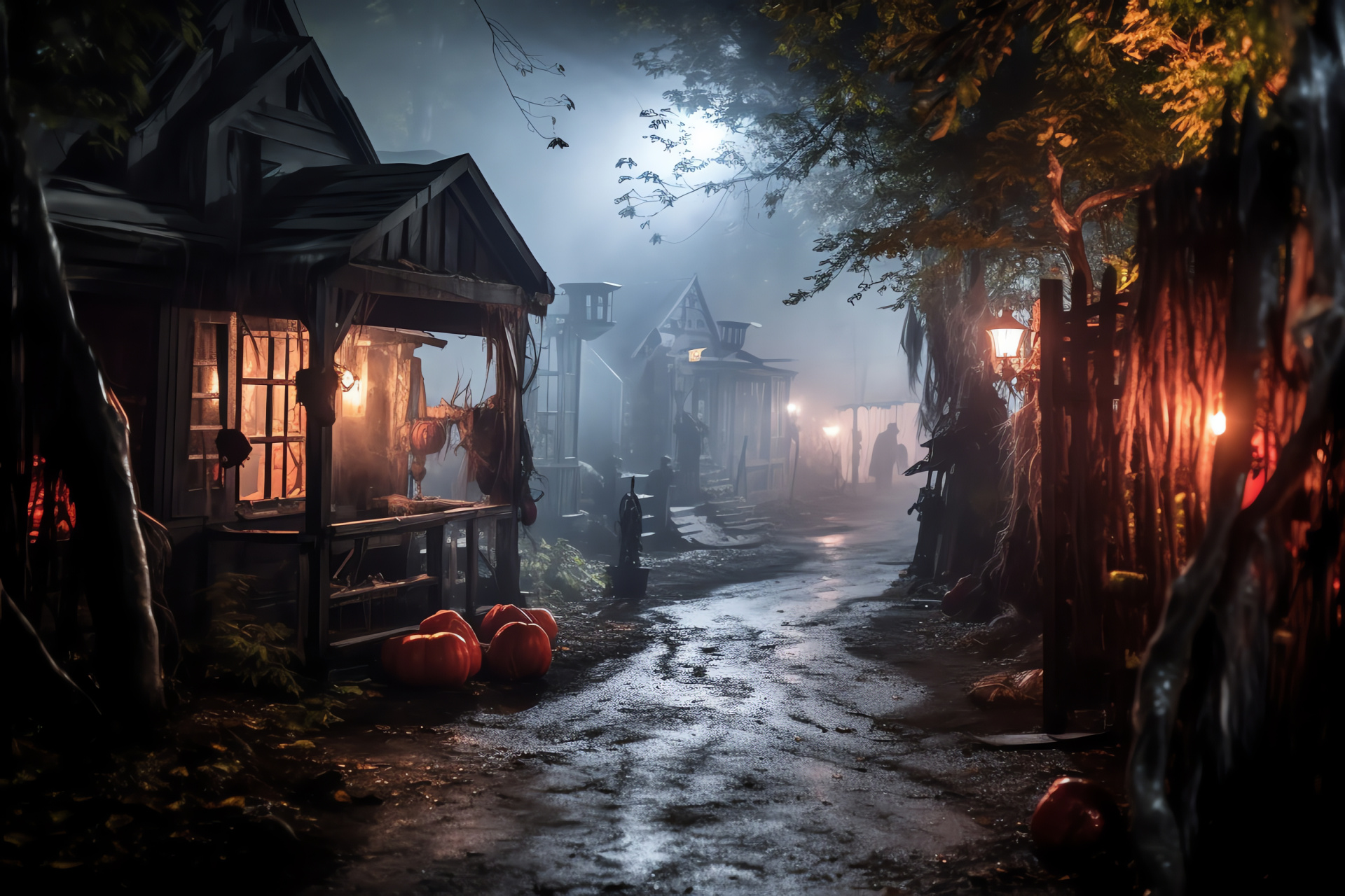 Haunted mansion terror, theme park fright house, tombstone garden, skeleton decor, ghostly fog embrace, HD Desktop Image