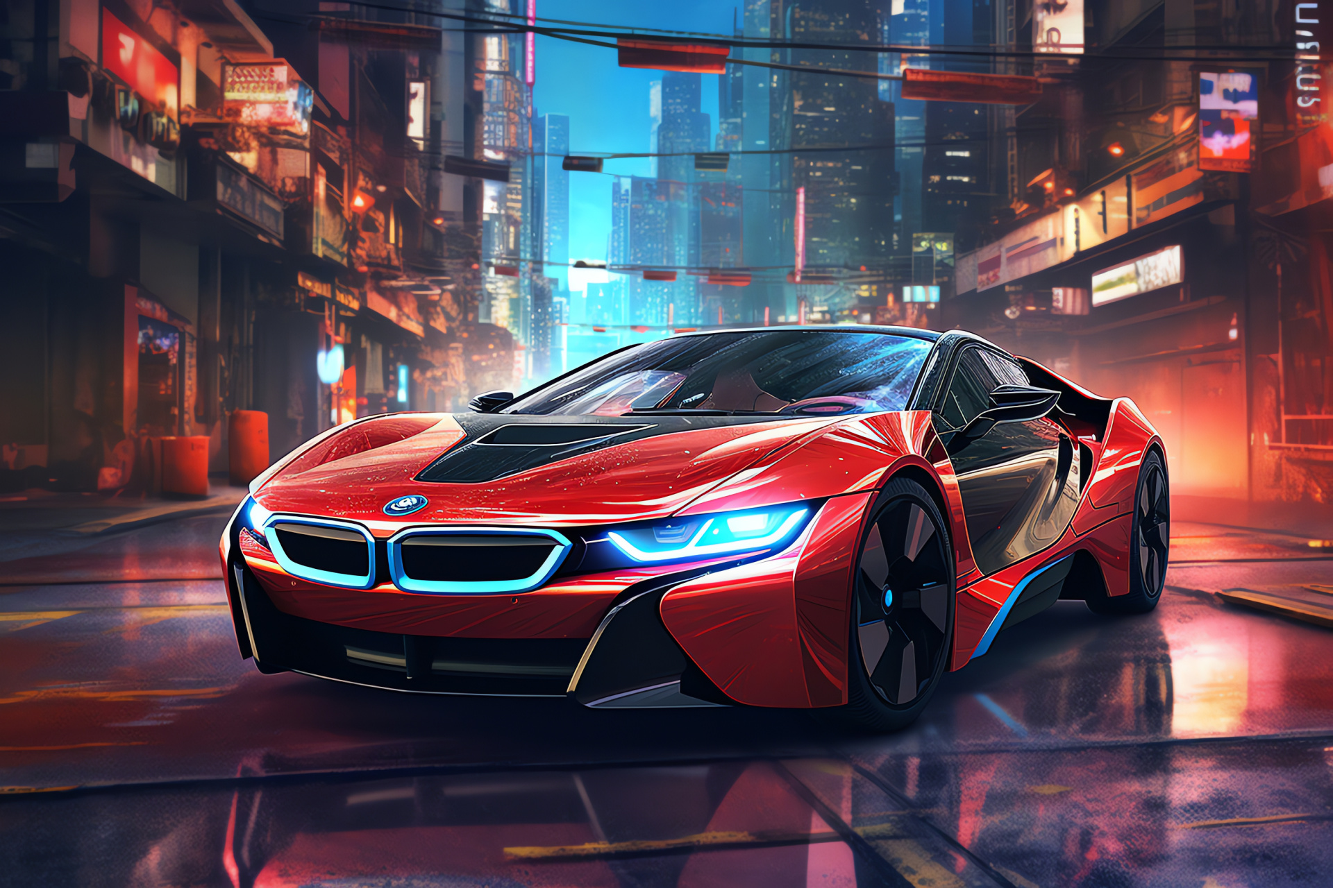 Cyberpunk metropolis, BMW i8 Roadster, Overhead city panorama, Futuristic lighting, German hybrid, HD Desktop Image