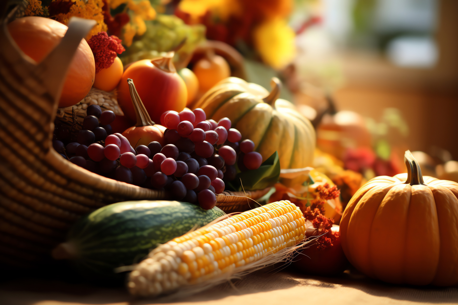 Thanksgiving abundance symbol, Cornucopia with straw, Harvest bounty, Autumn festivity, Golden hour cornucopia, HD Desktop Image