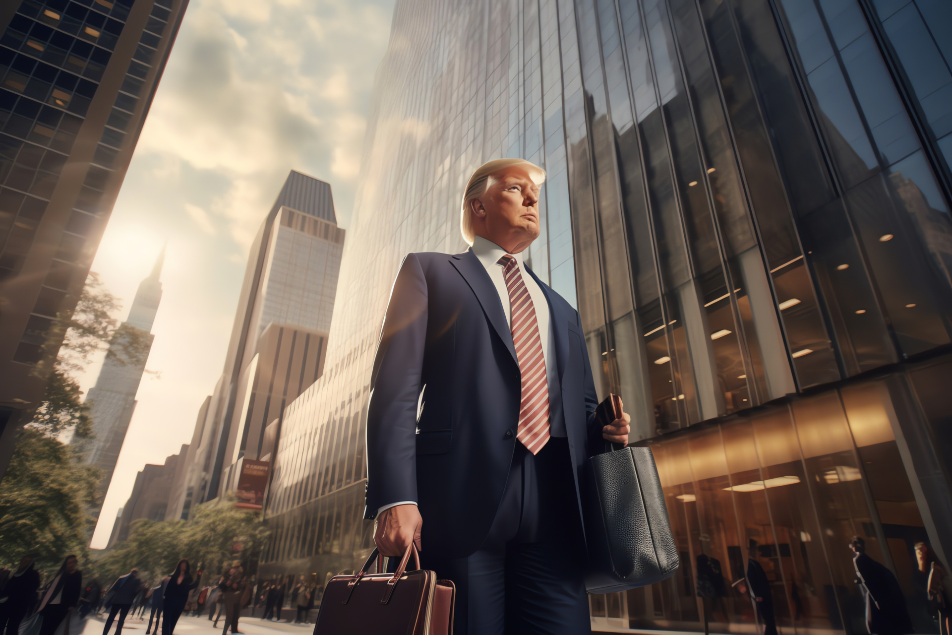 New York magnate, high-rise building, urban backdrop, professional attire, metropolis skyline, HD Desktop Image