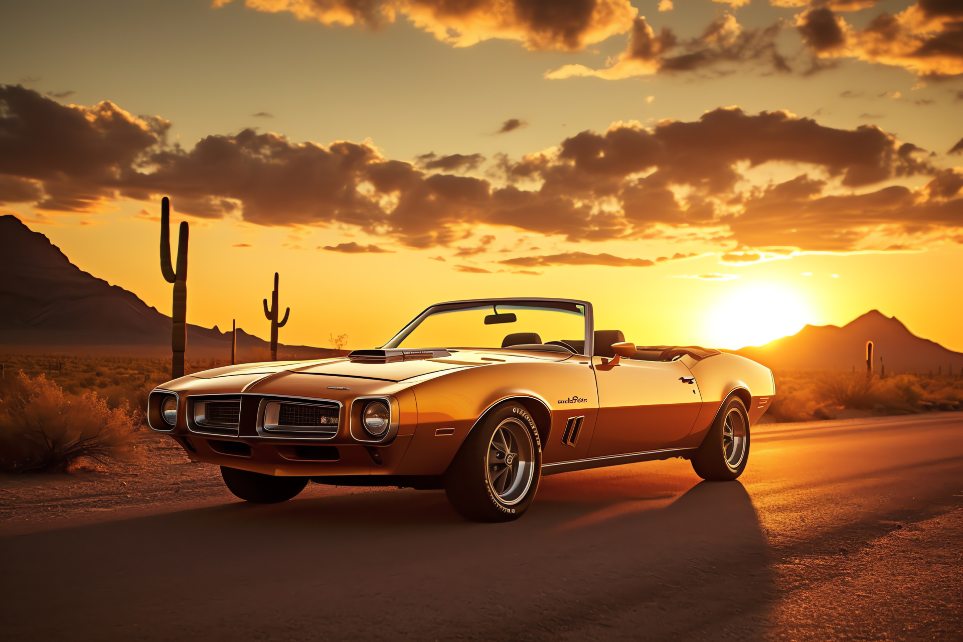 Pontiac Trans Am GTA, Convertible model, Route 66, Arizona landscape, Sunset ambiance, HD Desktop Image