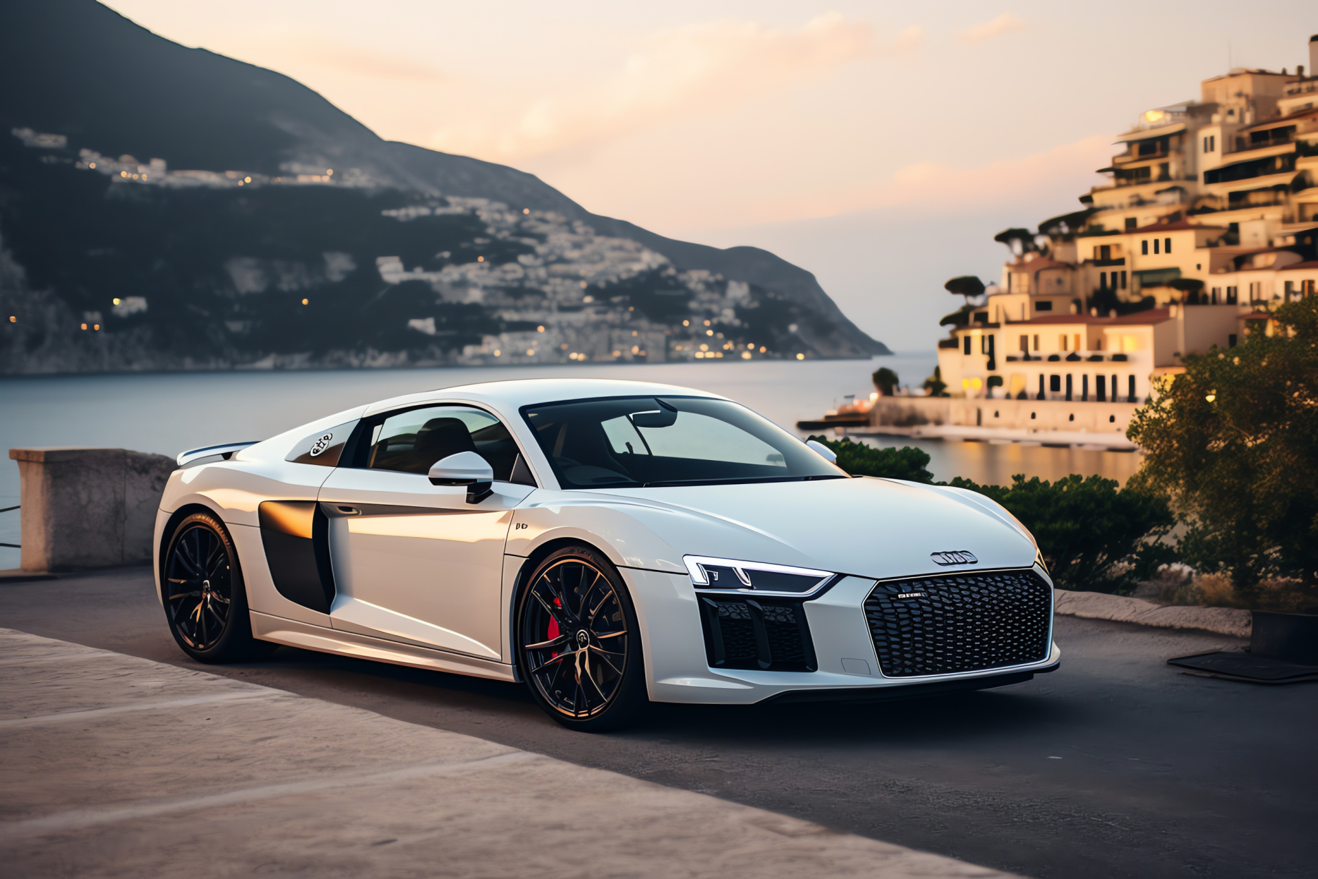 Audi R8 V10 Plus, Coastal allure, High-speed performance, Quintessential sports car, Supercar aesthetics, HD Desktop Wallpaper