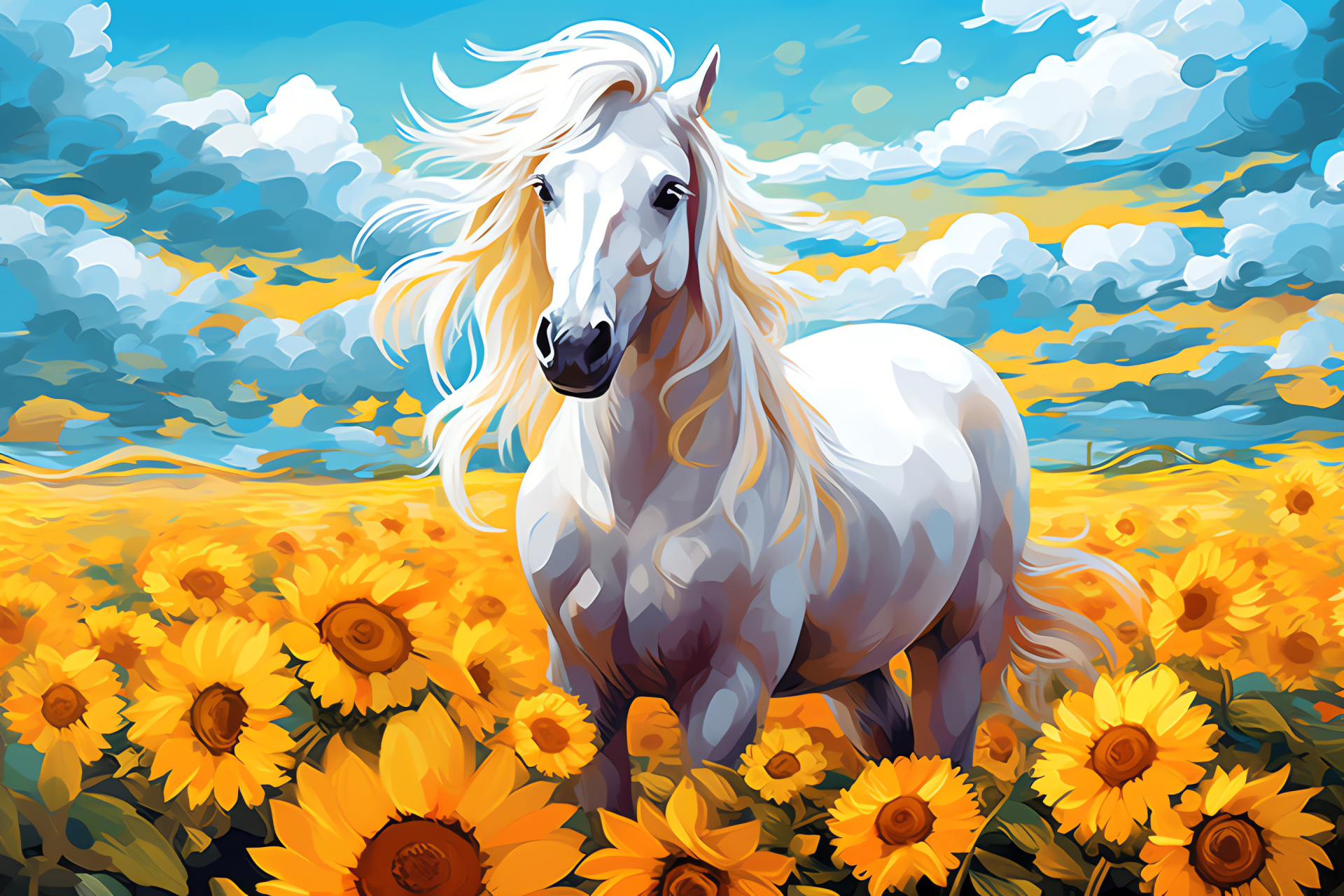 Pastoral White Pony, Equine portrait, Windblown rough mane, Equine coat brightness, Blossoming sunflower habitat, HD Desktop Image