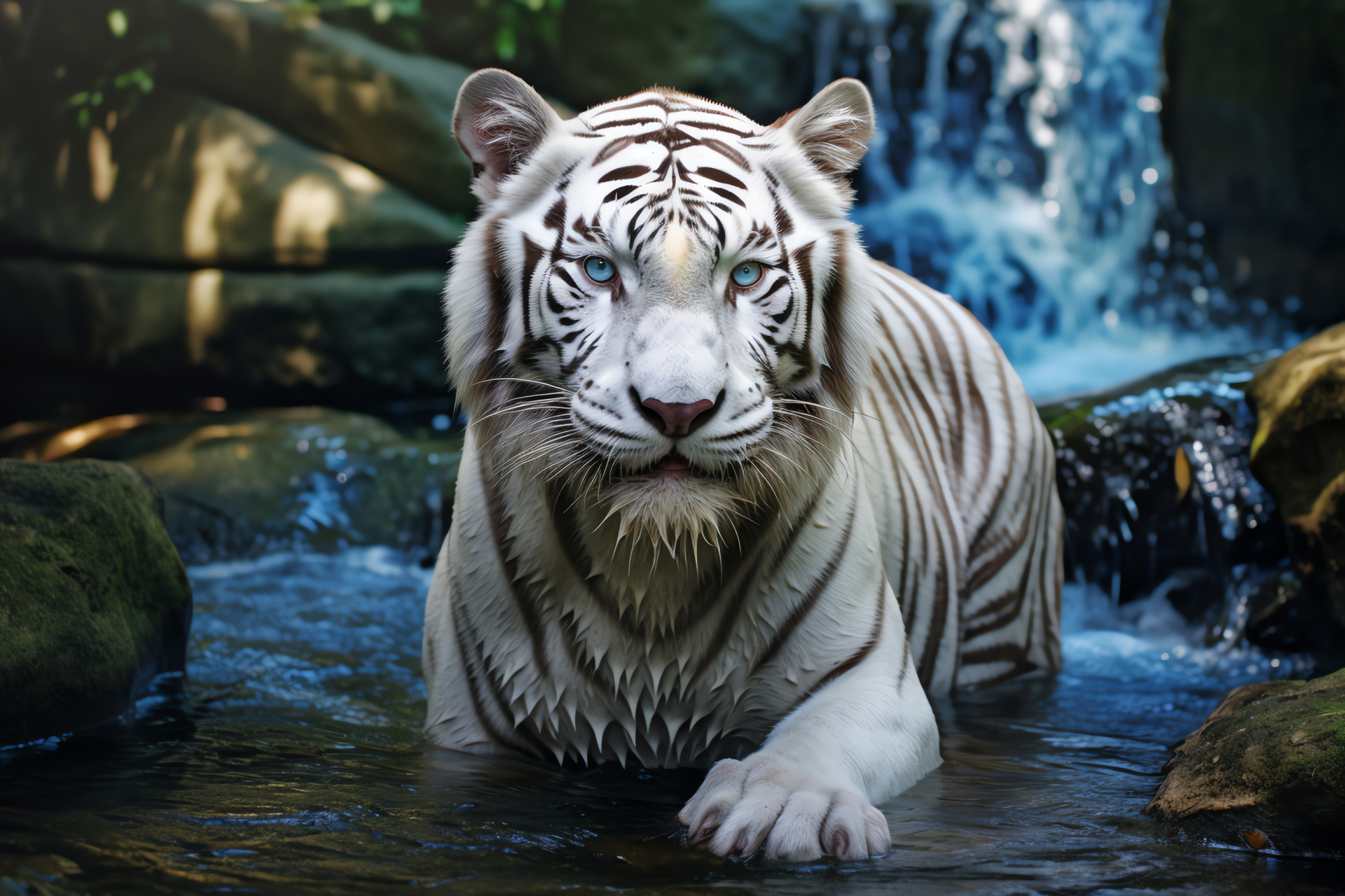 White Tiger, Blue-eyed beast, Aquatic shimmer, Wild elegance, Forest monarch, HD Desktop Wallpaper