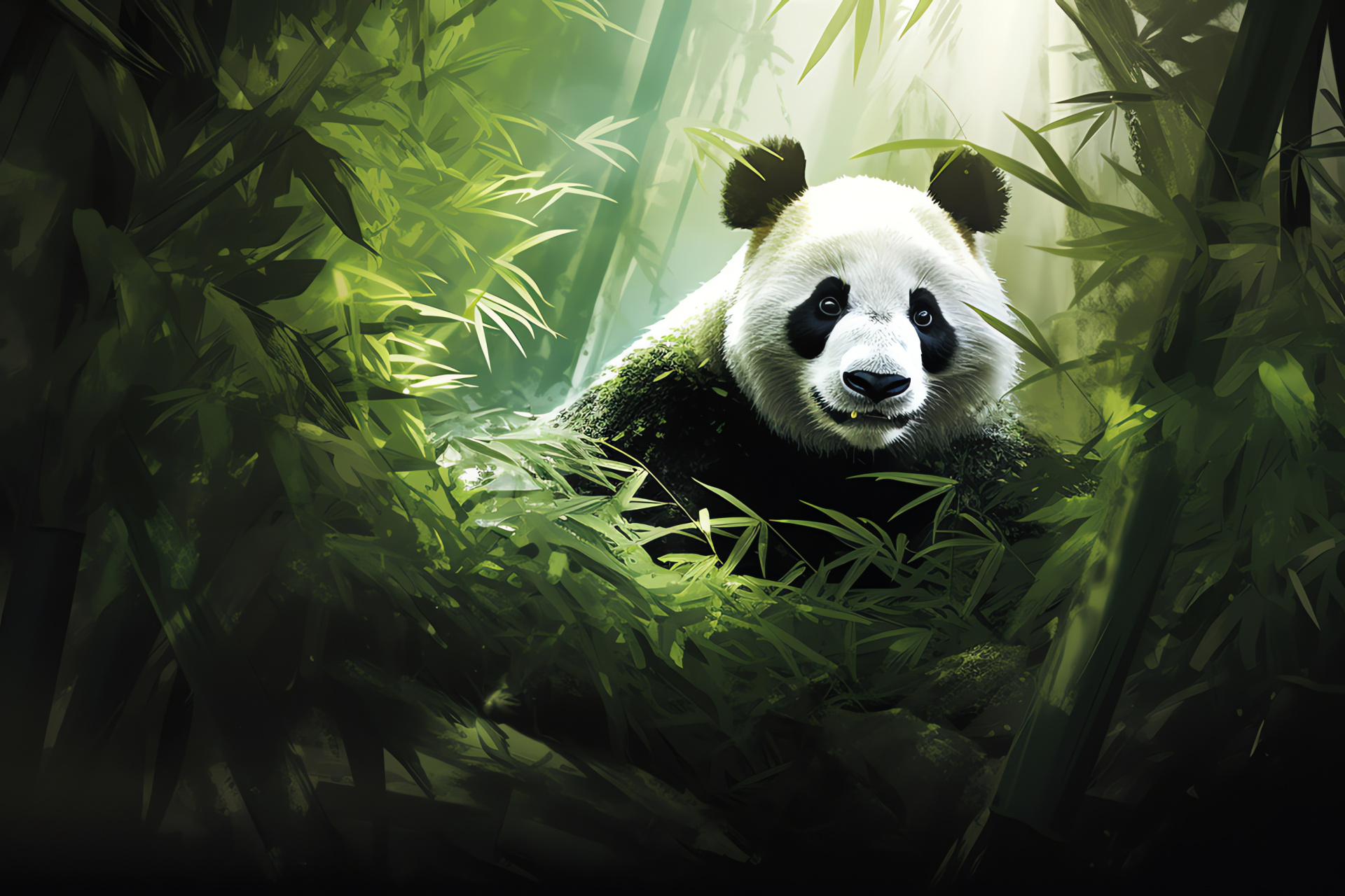 Panda bear youngster, Juvenile animal, Thick fur youthful panda, Natural environment, Green foliage, HD Desktop Image