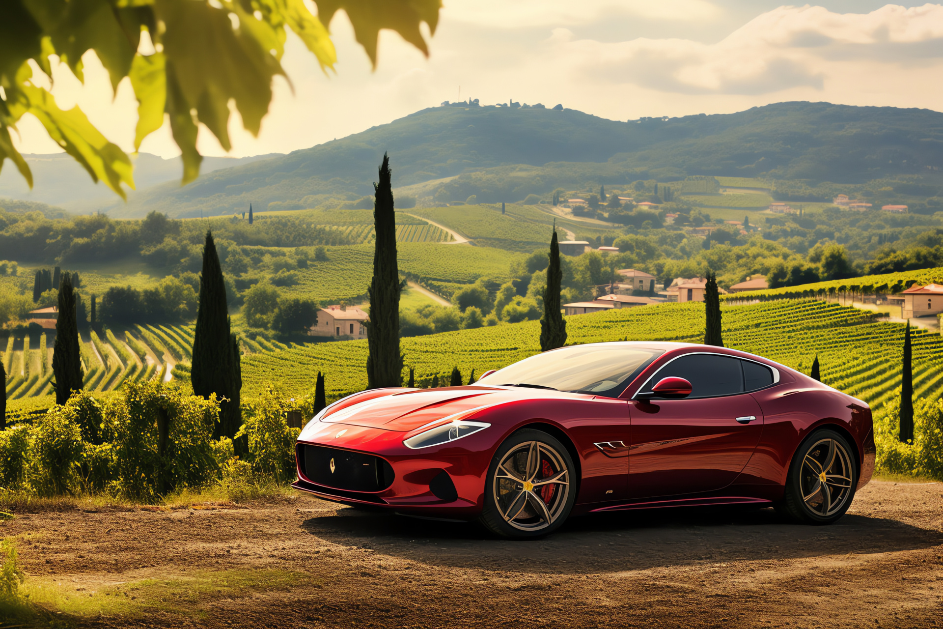 Red sports car in Tuscany, Luxury vehicle, Vineyard setting, Italian engineering, Scenic driving experience, HD Desktop Image