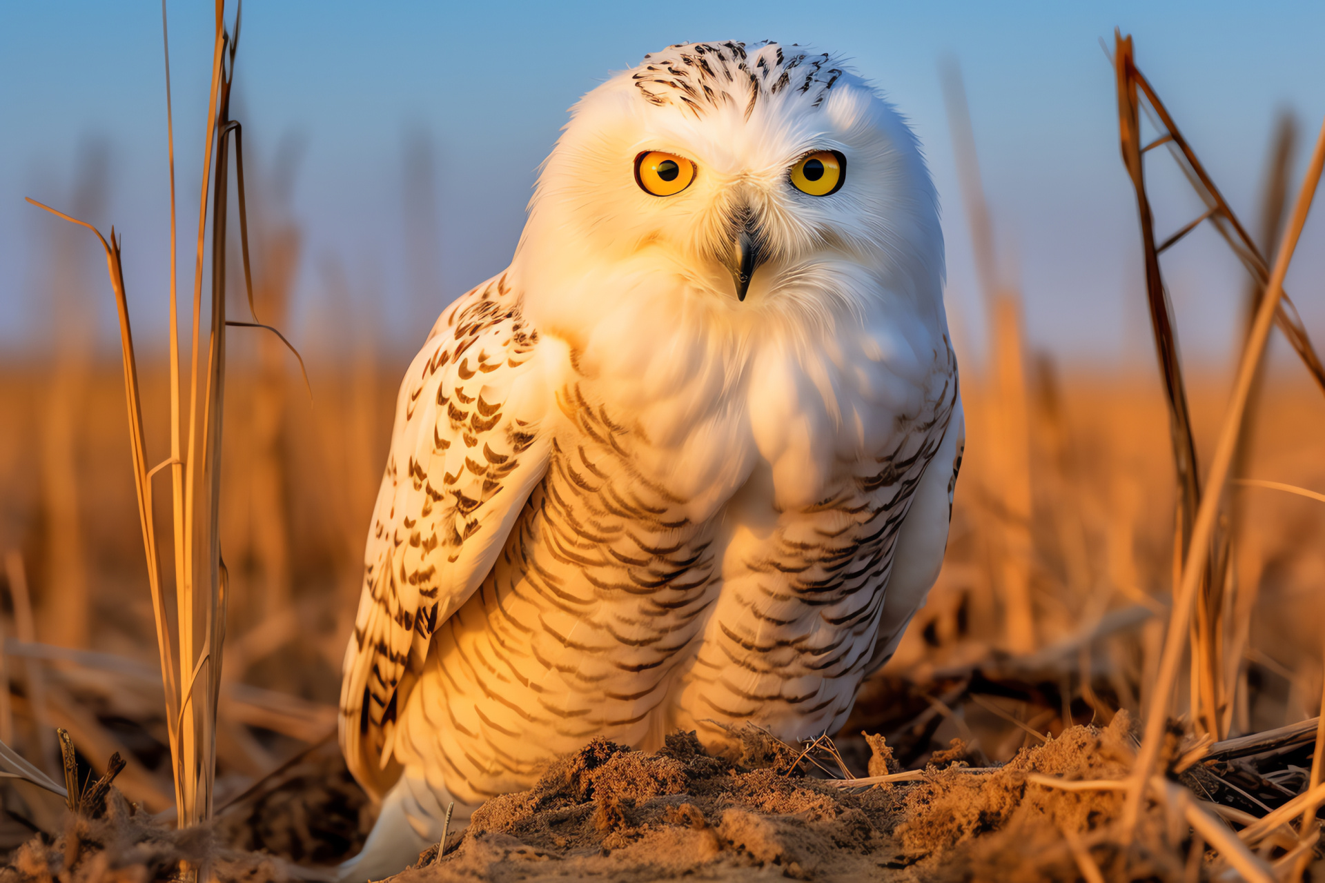 Snowy Owl, Young avian predator, Fluffy camouflage, Arctic bird species, Winter wildlife, HD Desktop Wallpaper