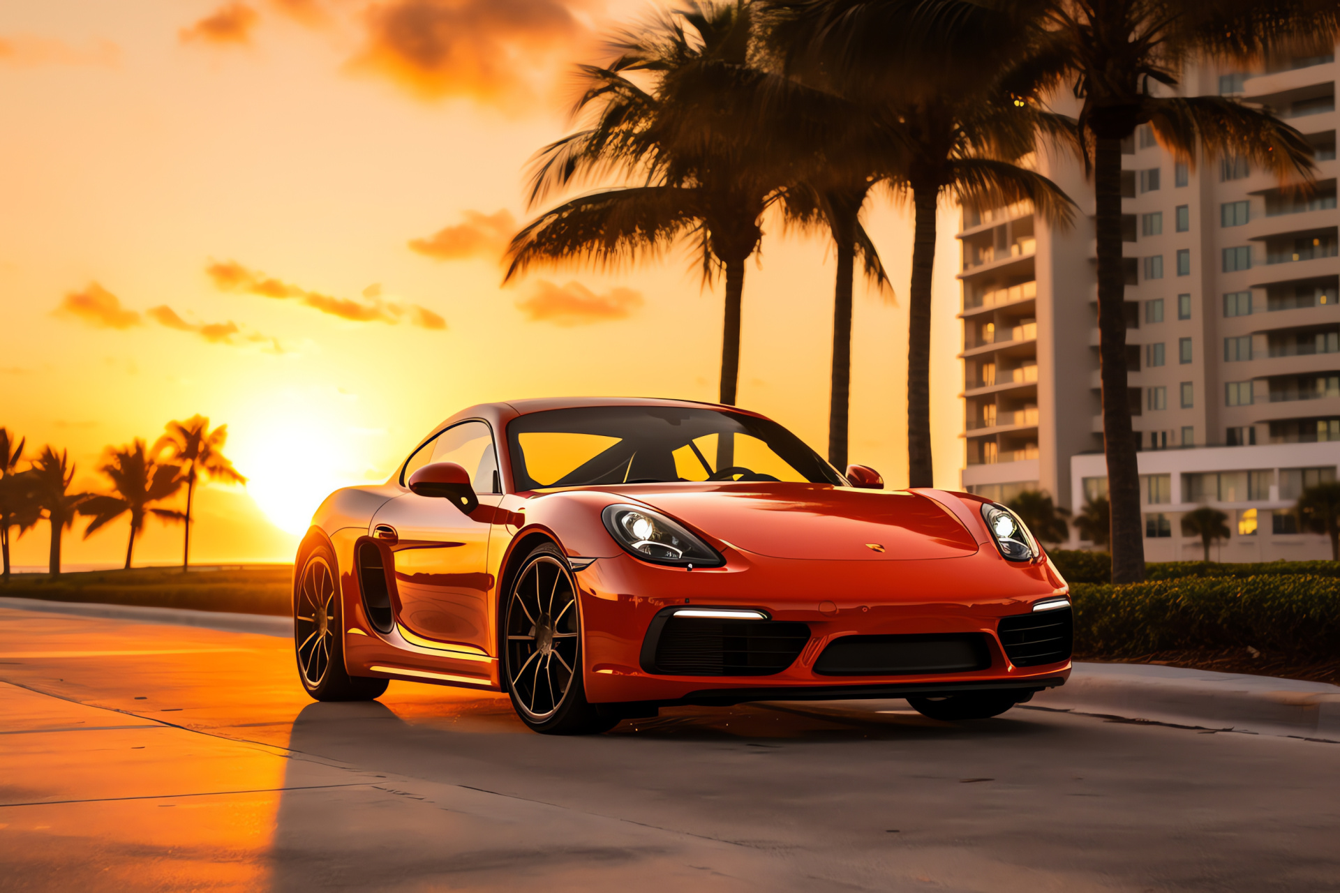 Porsche Cayman GTS 718, Miami culture, Florida coastline, Vibrant urban setting, Sunset milieu, HD Desktop Wallpaper