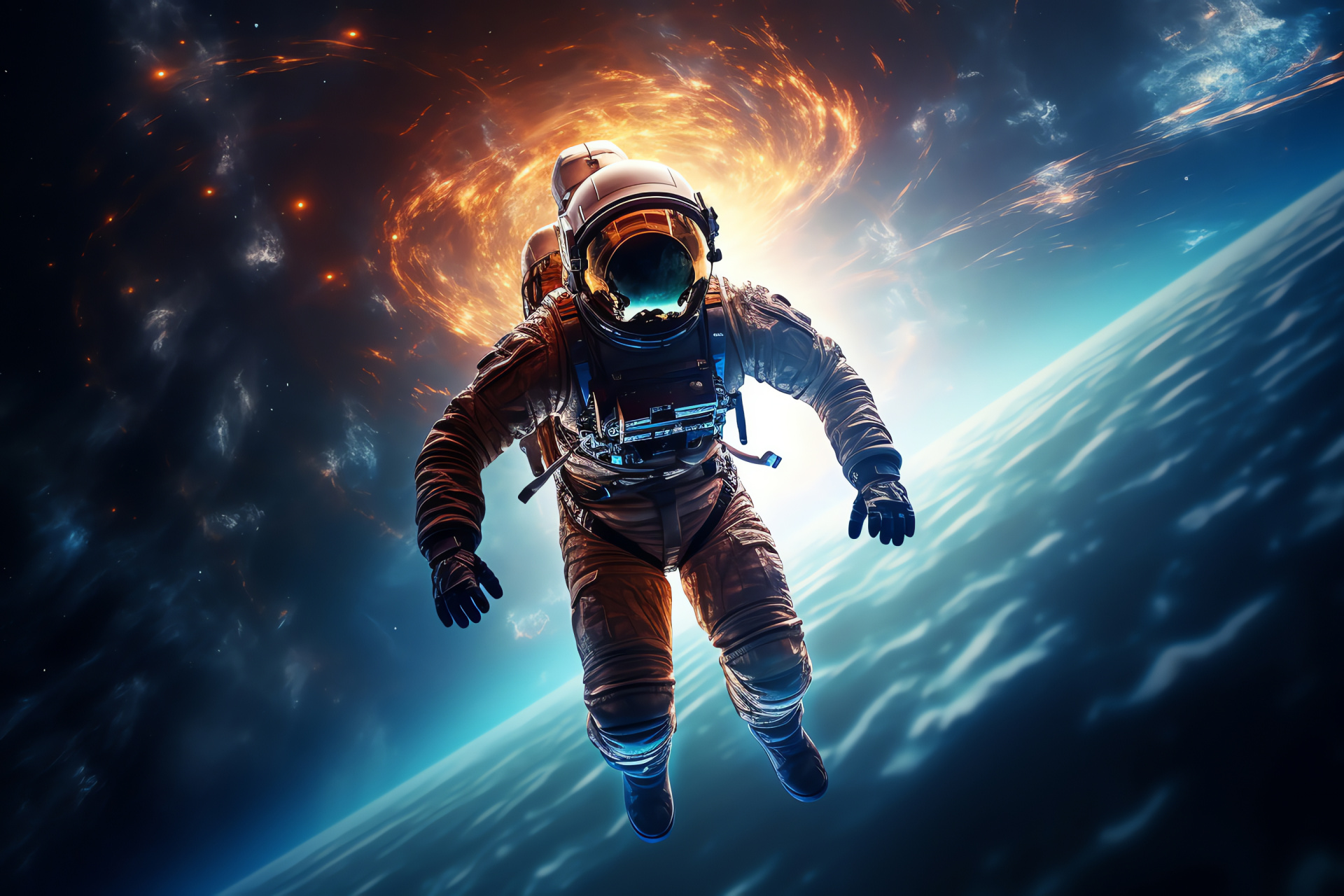 Extra-terrestrial expedition, Space suit clad explorer, Orbital panorama, Astronautical mission, Cosmic void, HD Desktop Image