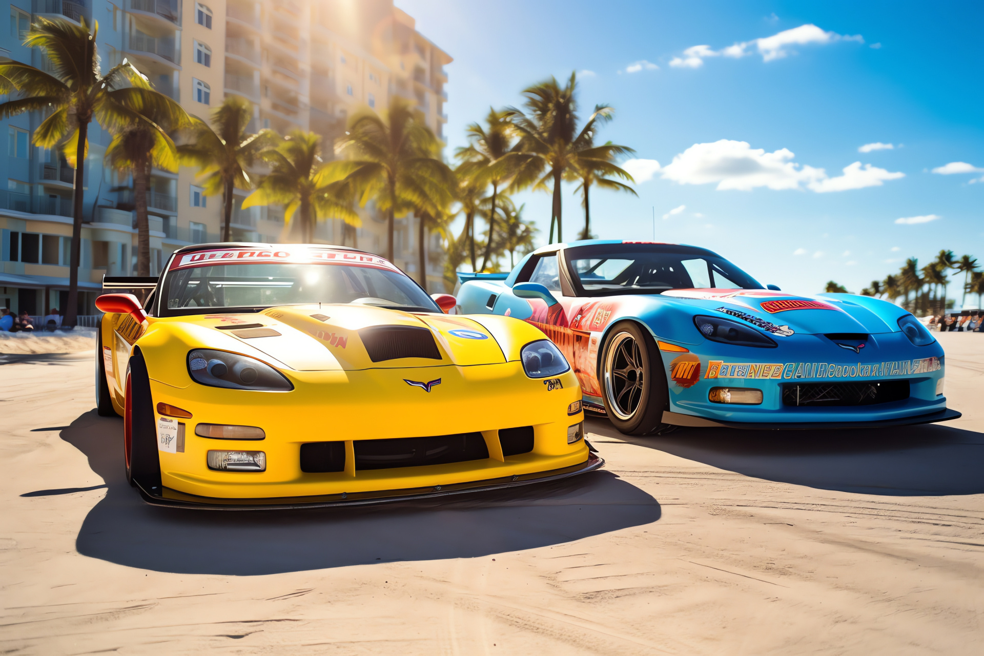 Street Racing Cars, Miami Beach, Chevrolet Corvette Z06, Ford Mustang GT, Shoreline competition, HD Desktop Image