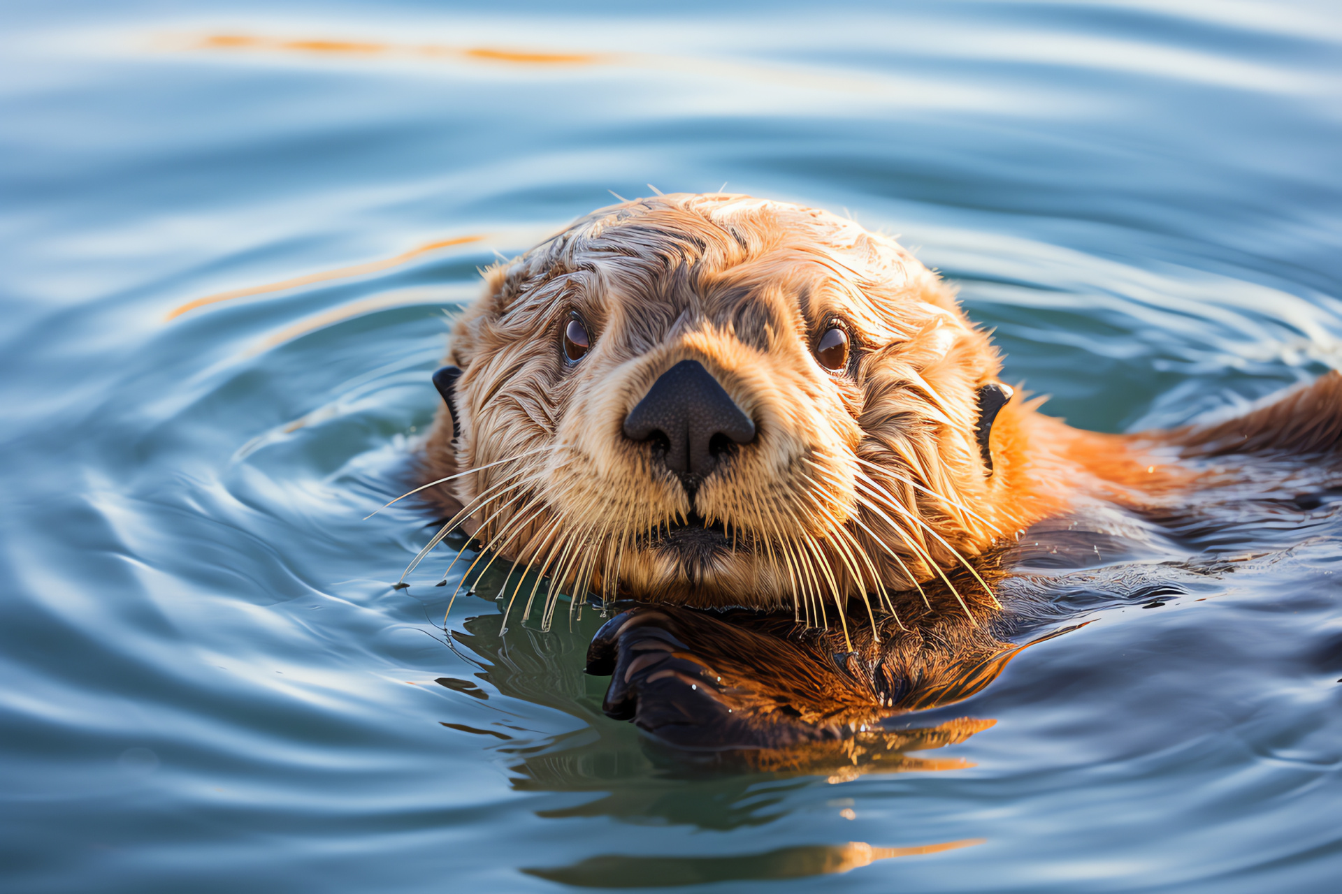 California Sea Otter, golden pelt, coastal marine life, brown eyes, sunlit repose, HD Desktop Image