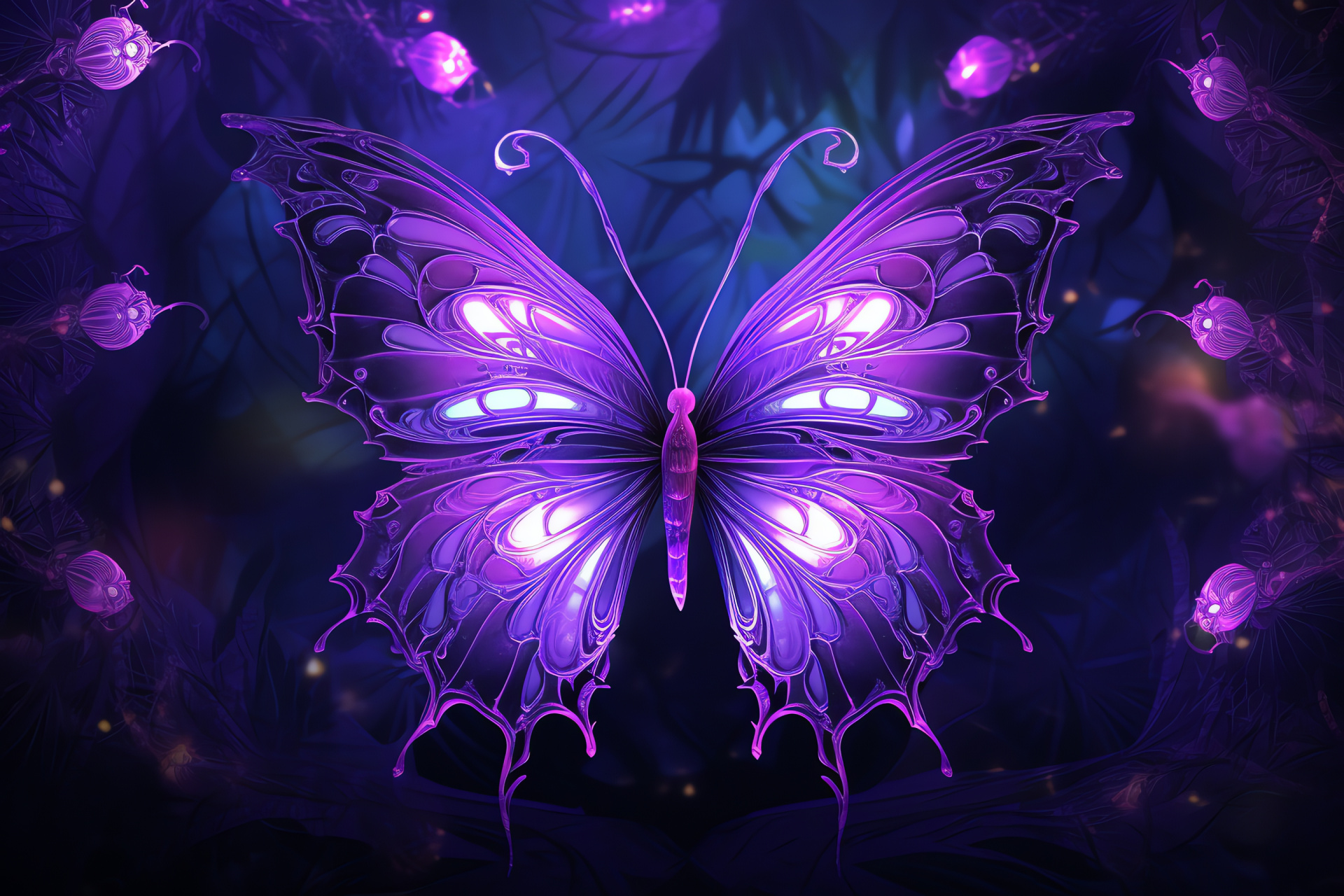 Purple butterflies, complex vein designs, gentle alighting, fragrant flora, glowing streak environment, HD Desktop Image