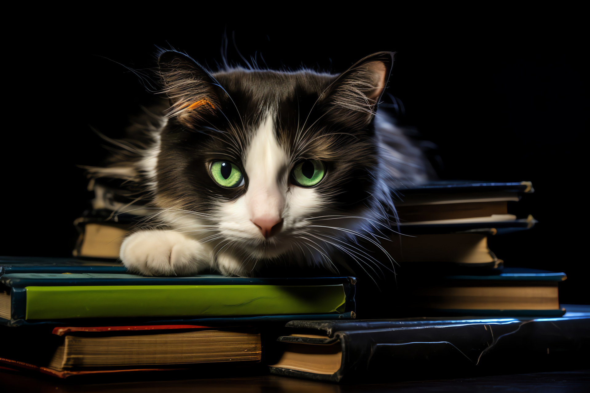 Calico cat charm, Multicolored feline, Book pile, Domestic comfort, Tranquil pet scene, HD Desktop Image