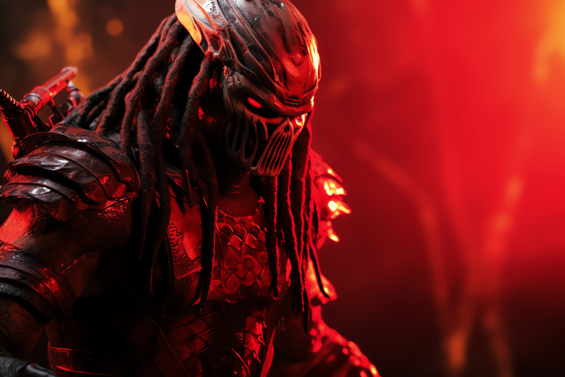 Menacing Predator, threatening extraterrestrial hunter, red-filled backdrop, science fiction antagonist, Yautja species, HD Desktop Image