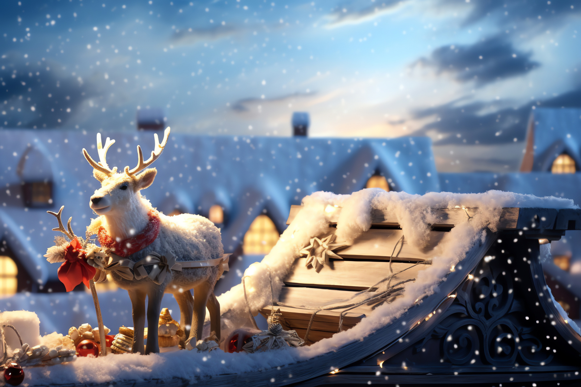 Snowy rooftop, holiday sleigh, Arctic reindeer, Father Christmas, wrapped presents, HD Desktop Wallpaper