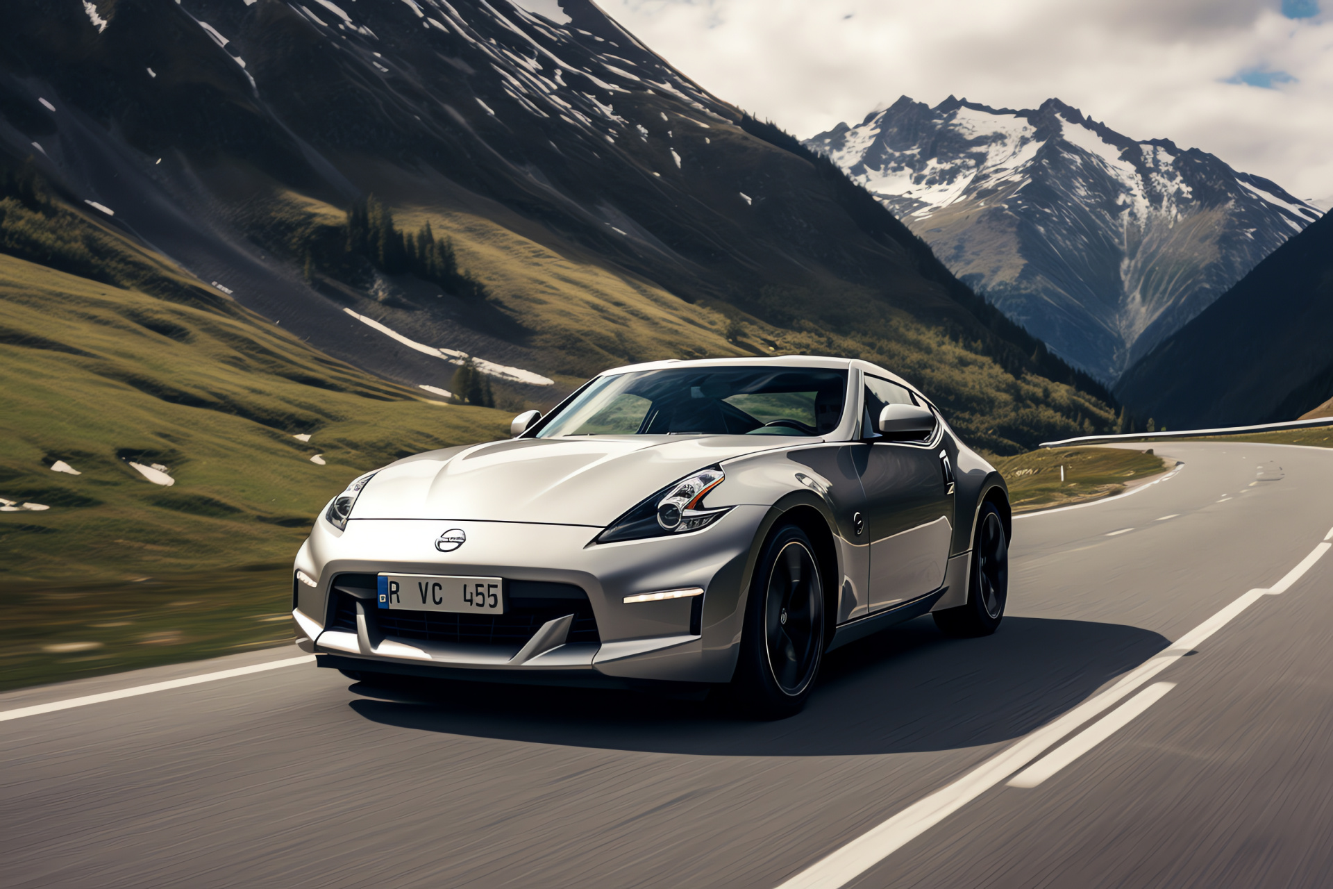 Two-door 370Z, Alpine environment, Navigating turns, Steel hue, Swiss scenery, HD Desktop Image