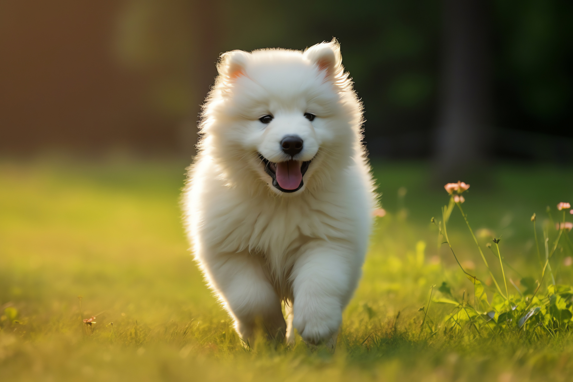 Samoyed pup, sepia eyes, alabaster coat, downy fur, verdant field setting, HD Desktop Image