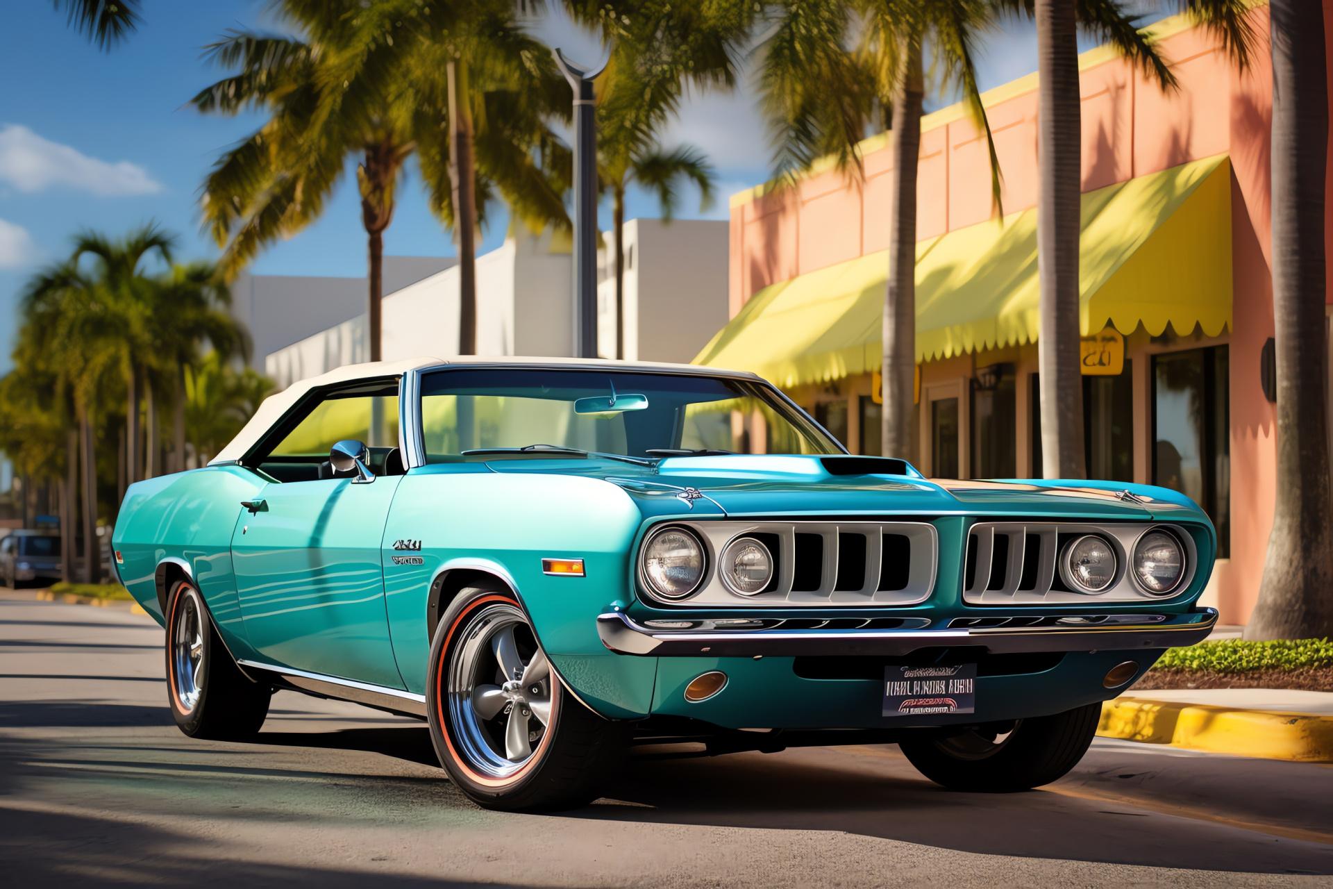 Plymouth Barracuda elegance, Miami Beach vibes, Turquoise dream ride, Retro chrome shine, Iconic Ocean Drive scene, HD Desktop Wallpaper