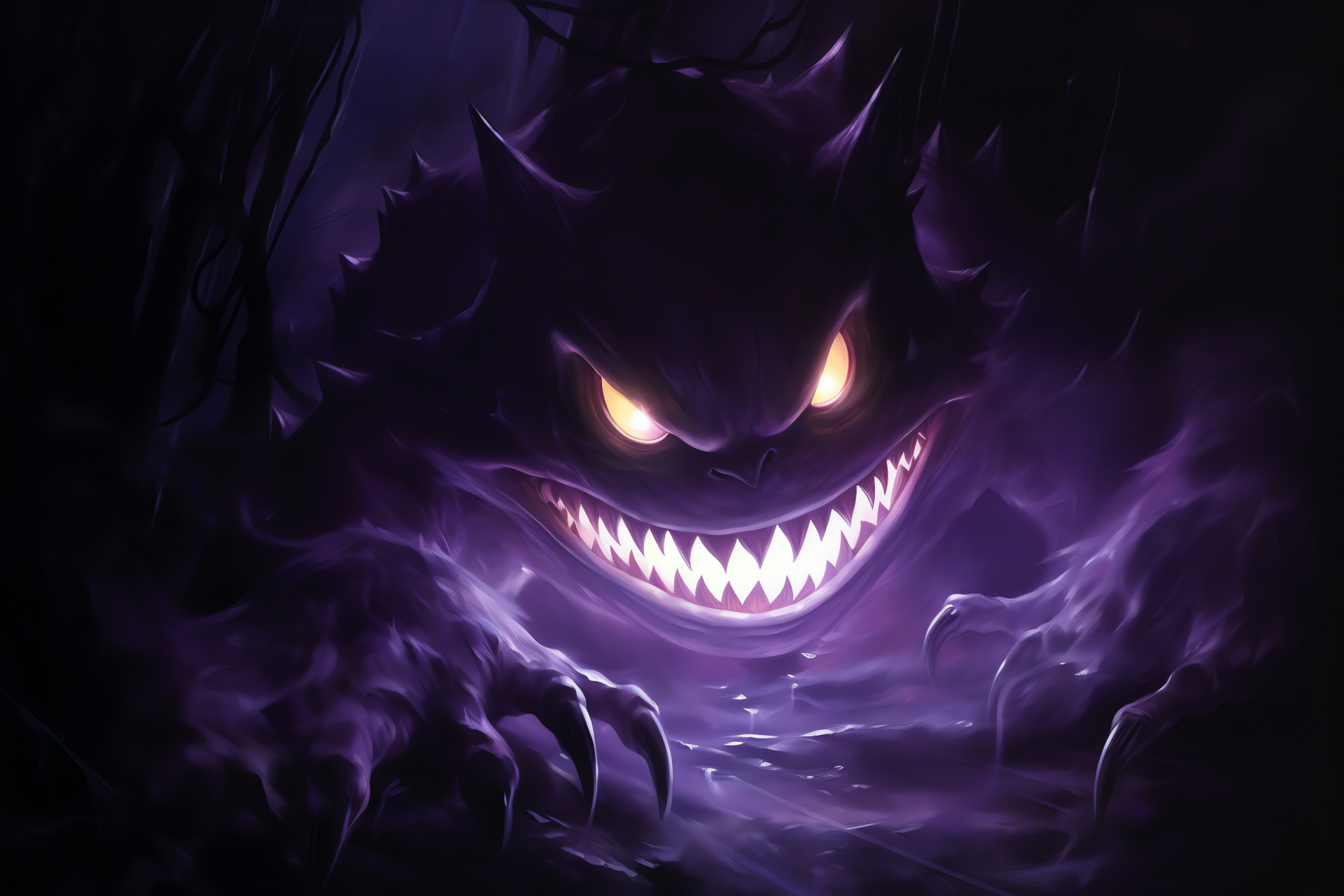 Gengar species, Ghost and Poison types, Spooky environment, Eerie habitation, Malevolent expression, HD Desktop Image