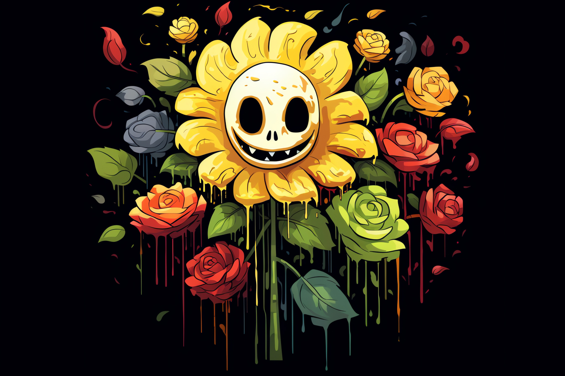 Flowey the flower, Undertale game, Antagonist creature, Bright yellow hue, Maleficent smile, HD Desktop Image