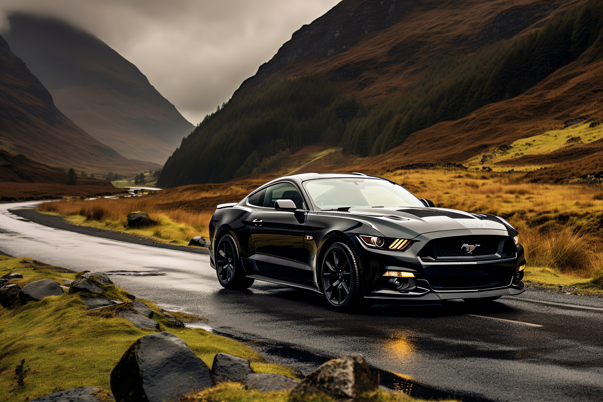 Mustang HD, Scotland Highlands, Serpentine roads, Mist covered peaks, Castle ruins, HD Desktop Image