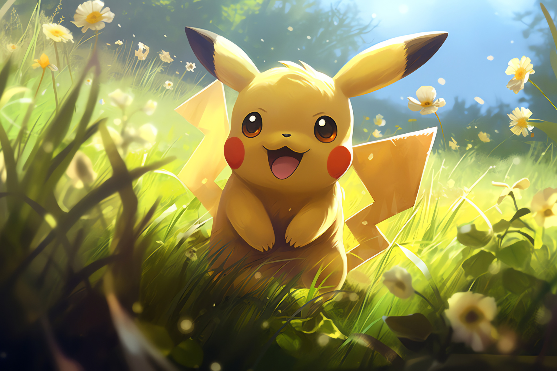 Pikachu outdoors, Pokmon game, radiant meadow, natural scene, floral landscape, HD Desktop Wallpaper