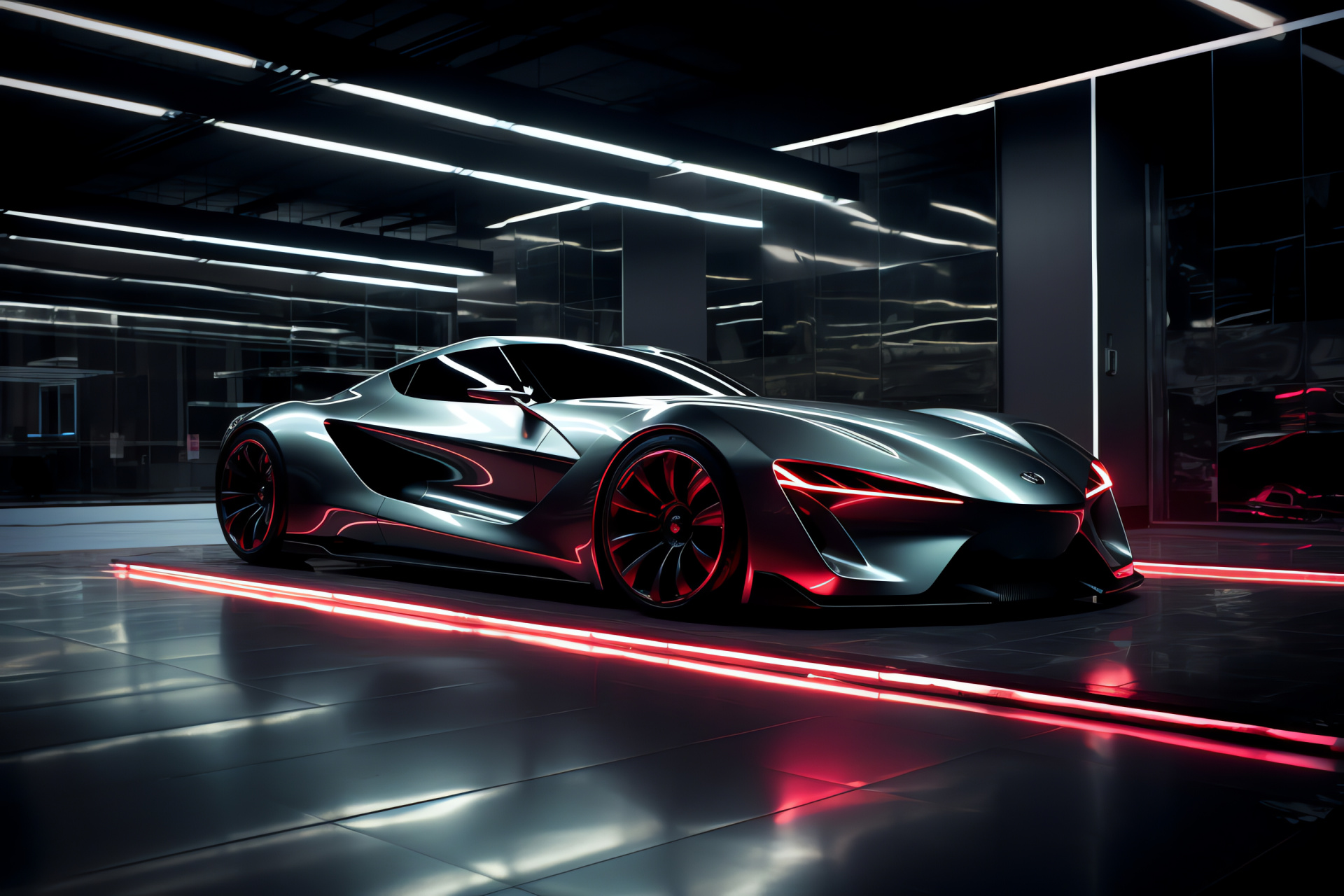 Veilside Supra garage, Future-inspired design, Illuminated aesthetic, Performance-focused, Automotive dominance, HD Desktop Image