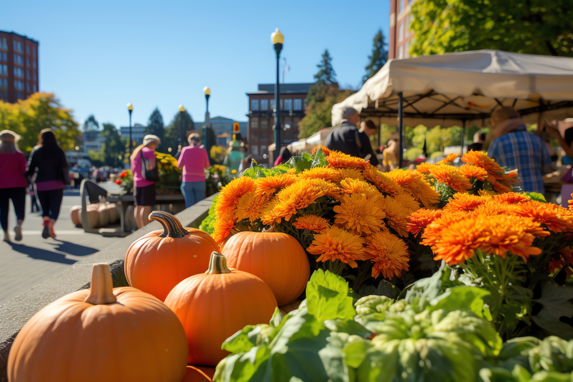 Autumn market, Seasonal celebration, Community shopping, Harvest delights, Outdoor event, HD Desktop Wallpaper