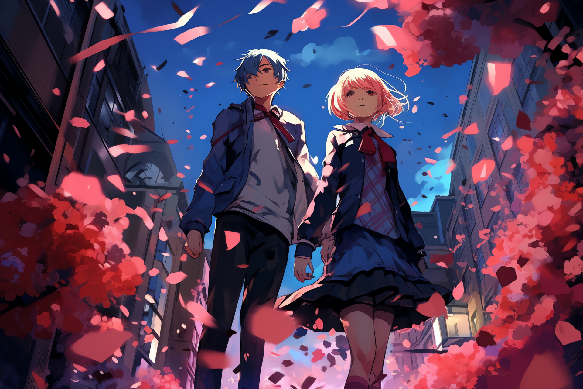 Persona 3 schoolyard, Sakura motif, Role-playing backdrop, Florid cascade, Inimitable heroine, HD Desktop Image