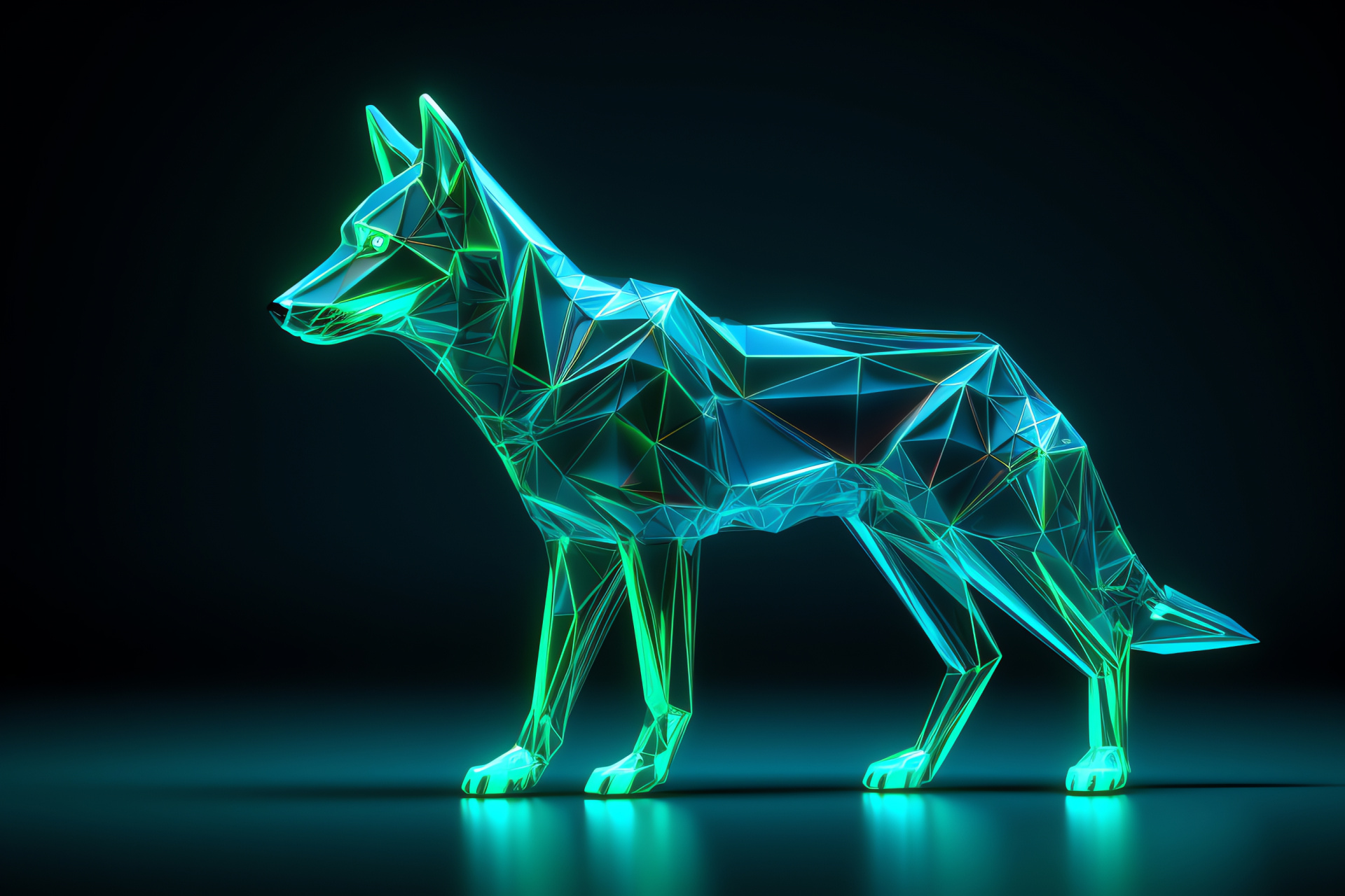 Luminescent Canine, emerald ocular effect, cool cyan fur, geometric patterned ambiance, calm demeanor, HD Desktop Wallpaper