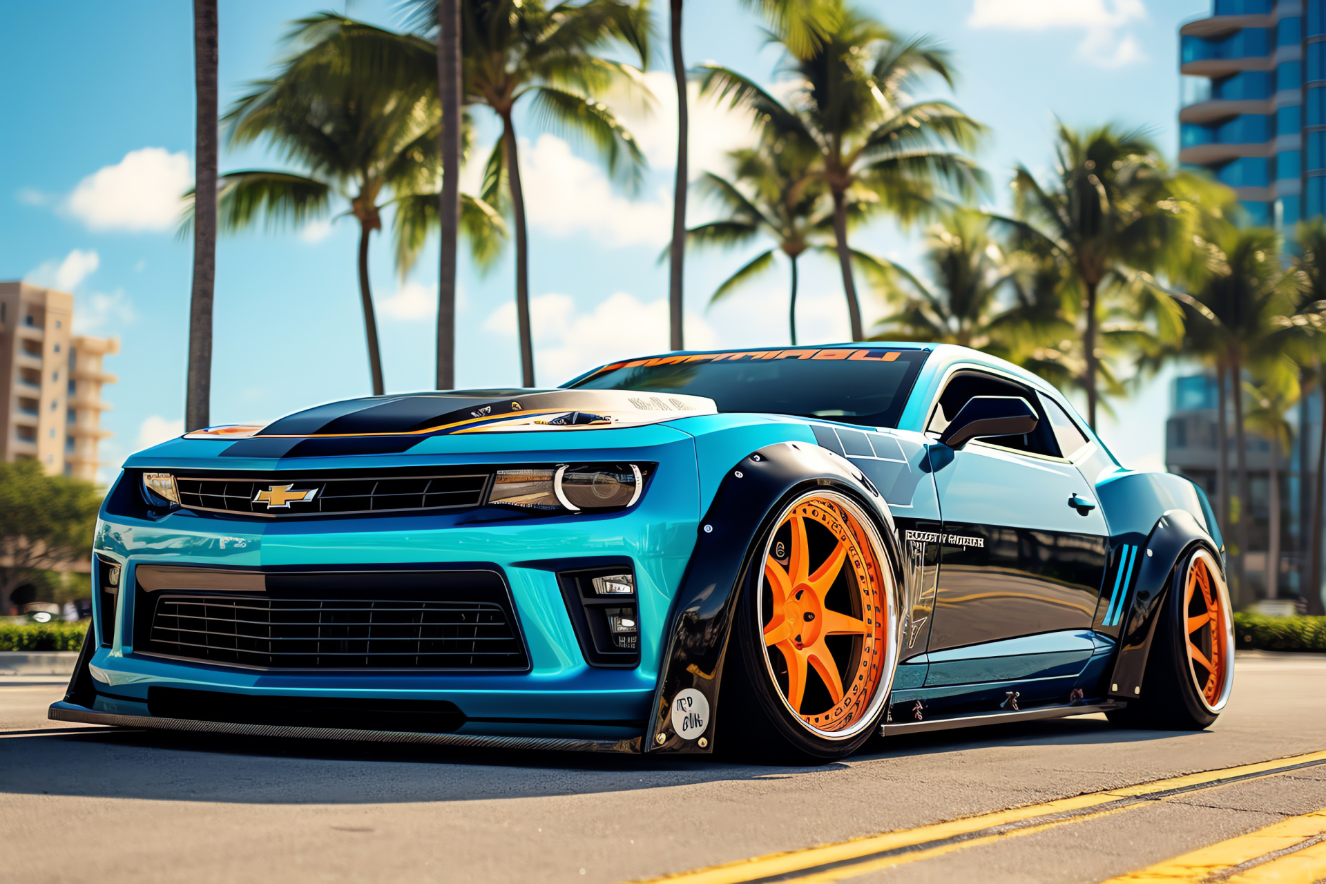 American muscle Camaro SS, Rocket Bunny edition, Miami automotive lifestyle, Enhanced street presence, Performance car angle, HD Desktop Wallpaper