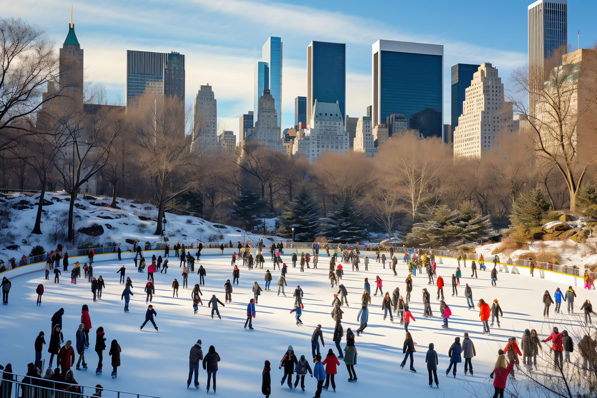 New York Christmas, Central Park, Manhattan festivities, ice skating, Bow Bridge, Manhattan skyline, HD Desktop Wallpaper