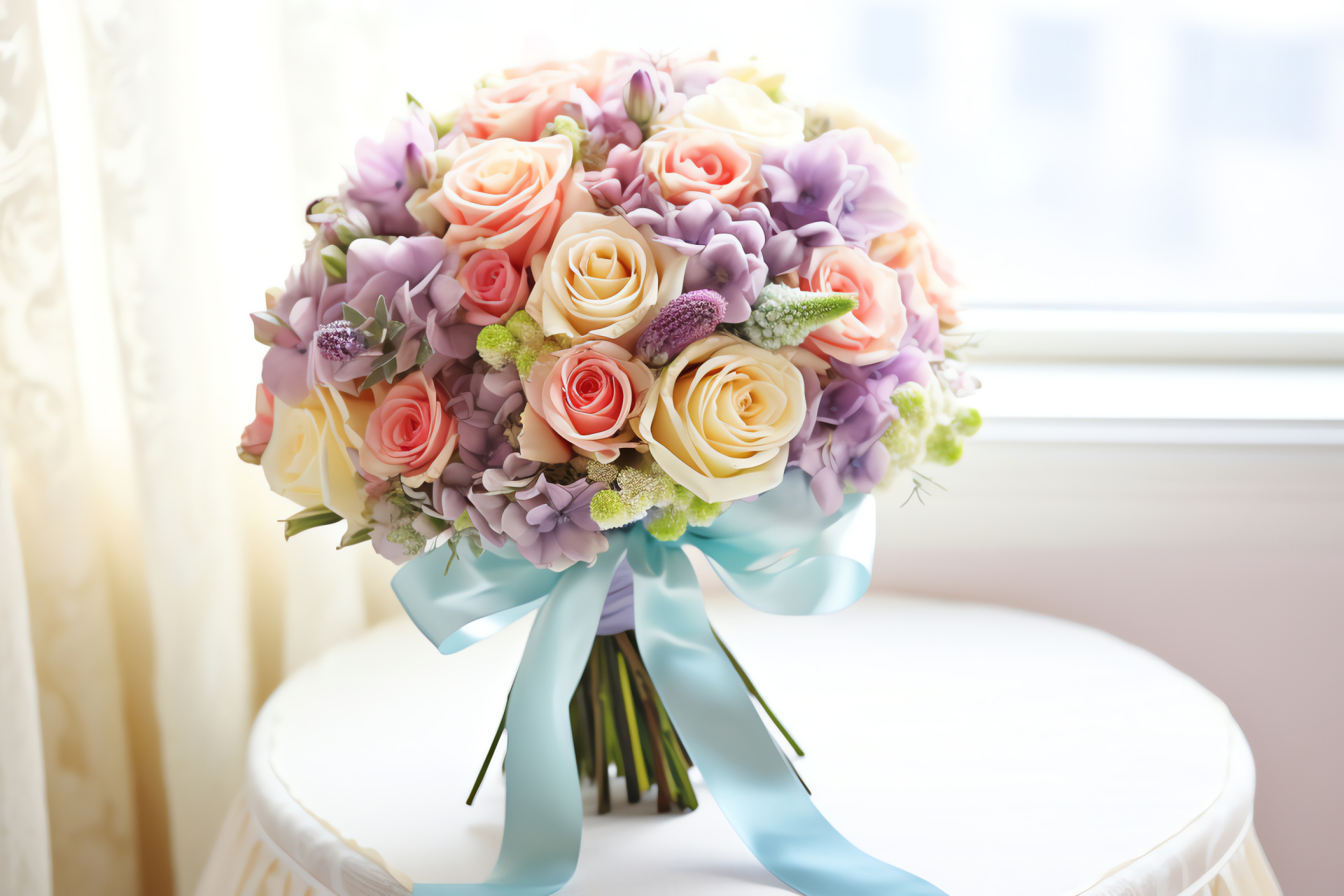 Anniversary celebration, Floral arrangement, Hues spectrum, Silk adornment, Gentle color palette, HD Desktop Wallpaper