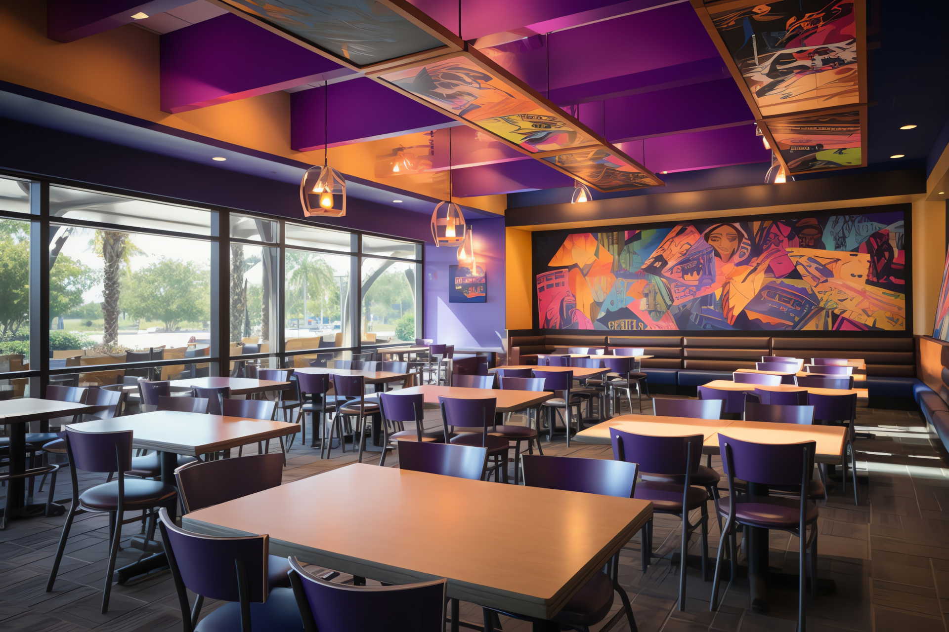 Taco Bell interior, casual dining, furniture layout, interior design, inviting space, HD Desktop Image