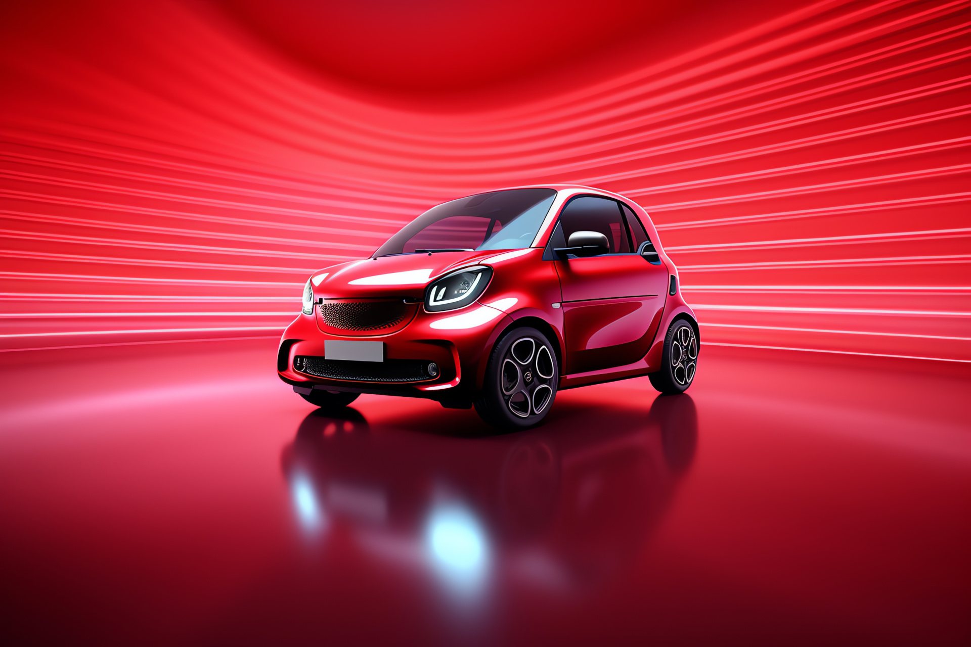 Smart EQ ForTwo, vibrant red appearance, high-angle city view, eco-conscious vehicle, electric personal car, HD Desktop Wallpaper