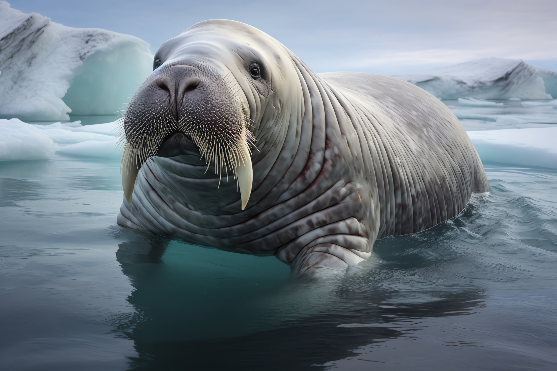 Walrus with narwhals, Arctic sea life, pinniped family, ocean mammals, arctic fauna, HD Desktop Image