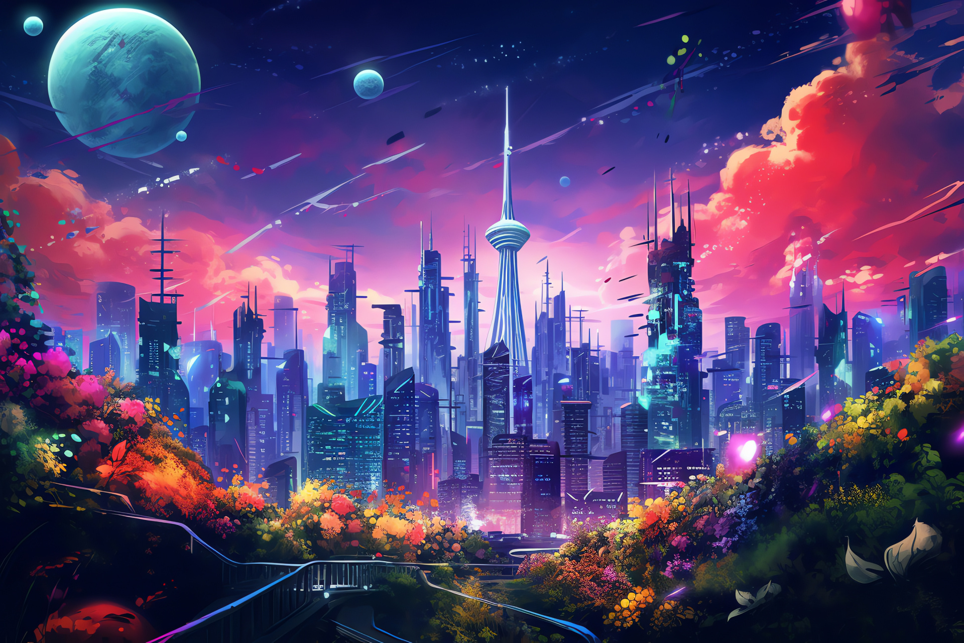 Futuristic Seoul representation, Urban growth, Green high-rises, Creative city depiction, Cyber landscape, HD Desktop Wallpaper