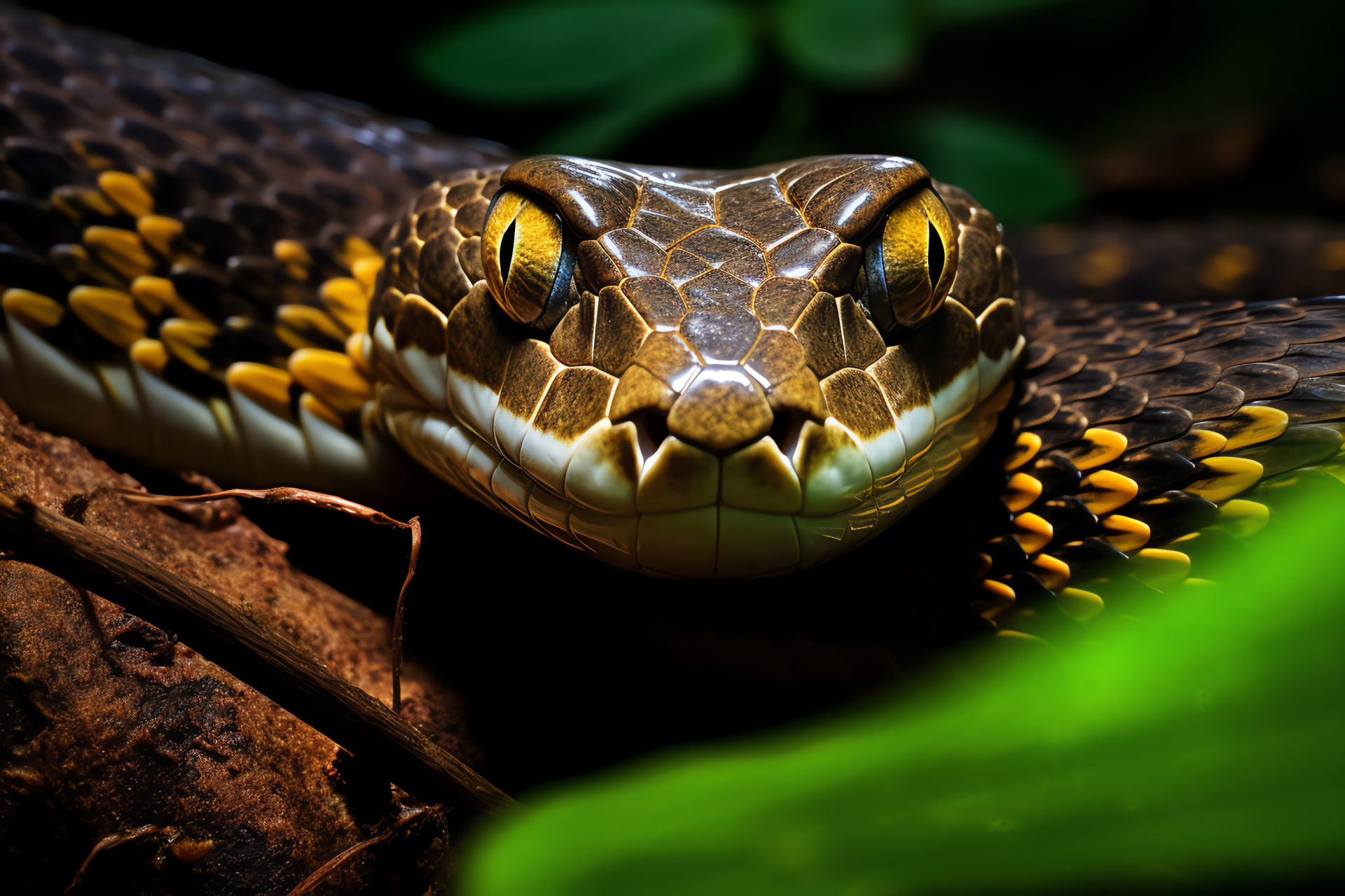 Venomous serpent, shimmering golden irises, subtropical camouflage, Ophiophagus hannah, reptilian predator, HD Desktop Image