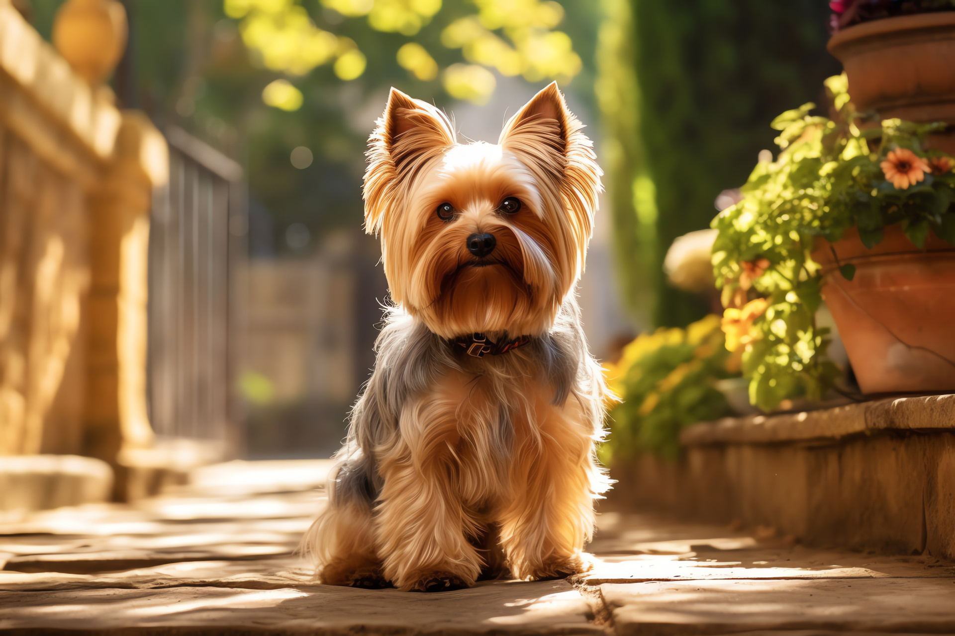 Yorkshire Terrier, Caramel-colored gaze, Luxurious golden coat, Lengthy tresses, Radiant gold ambiance, HD Desktop Wallpaper